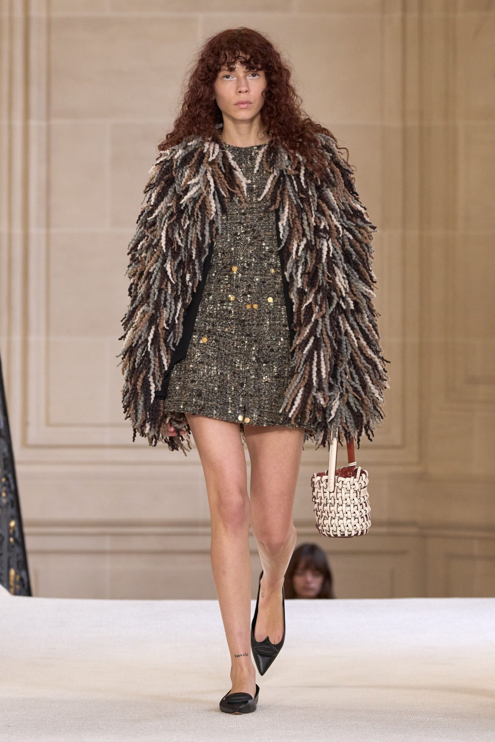 black tweed sleeveless collared fitted fringed buttoned dress