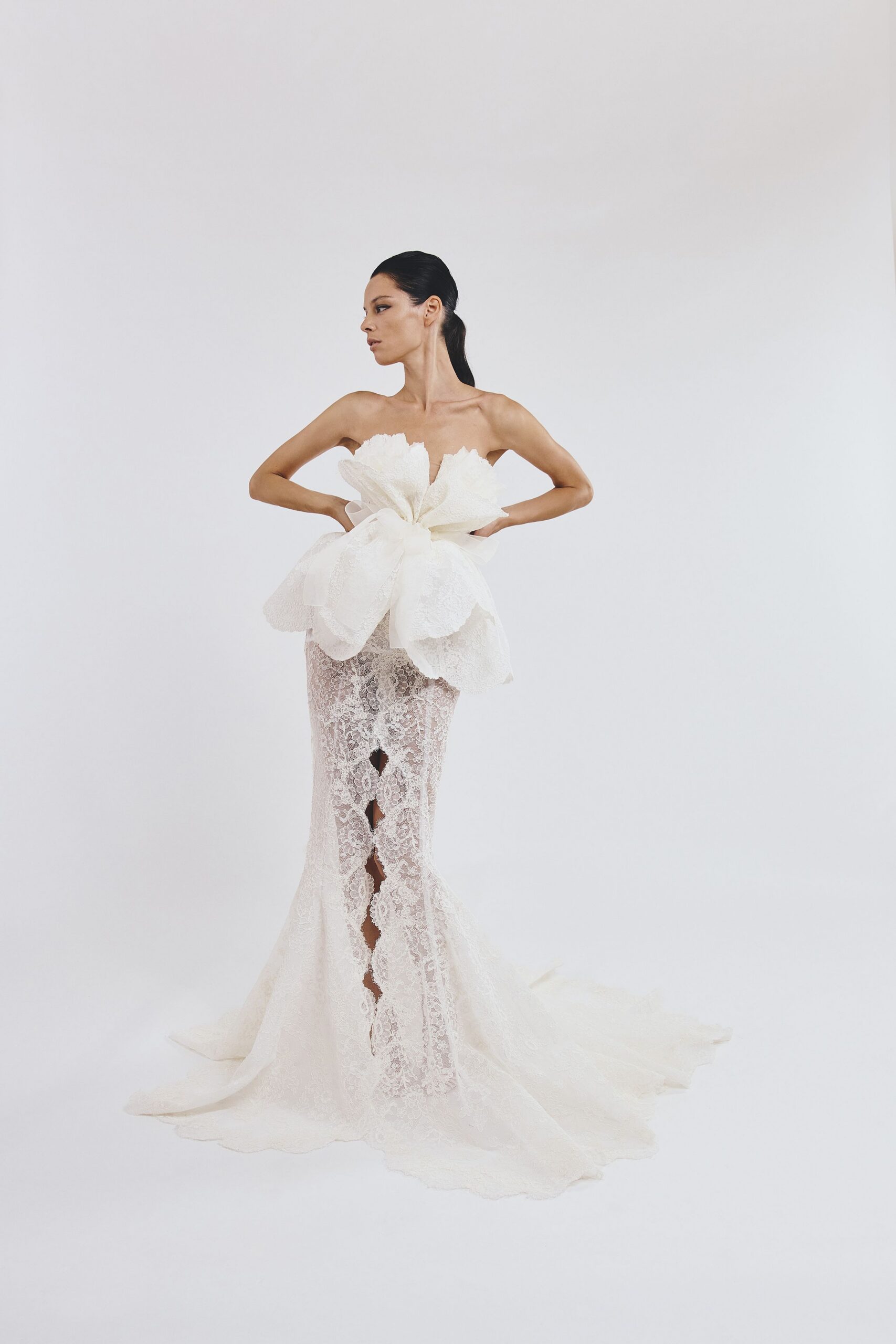 white lace strapless gown