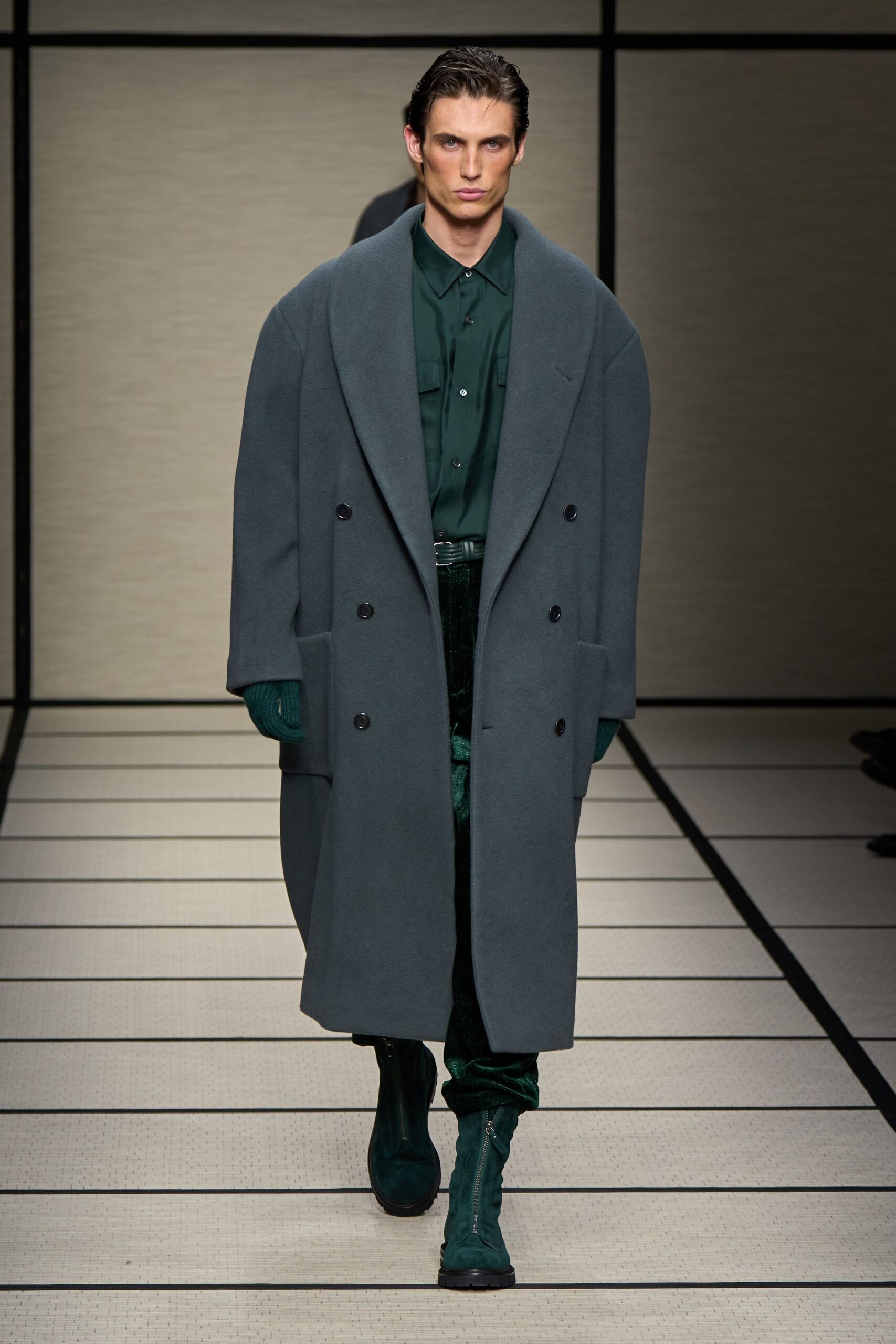 gray wool long-sleeve double-breasted oversized coat