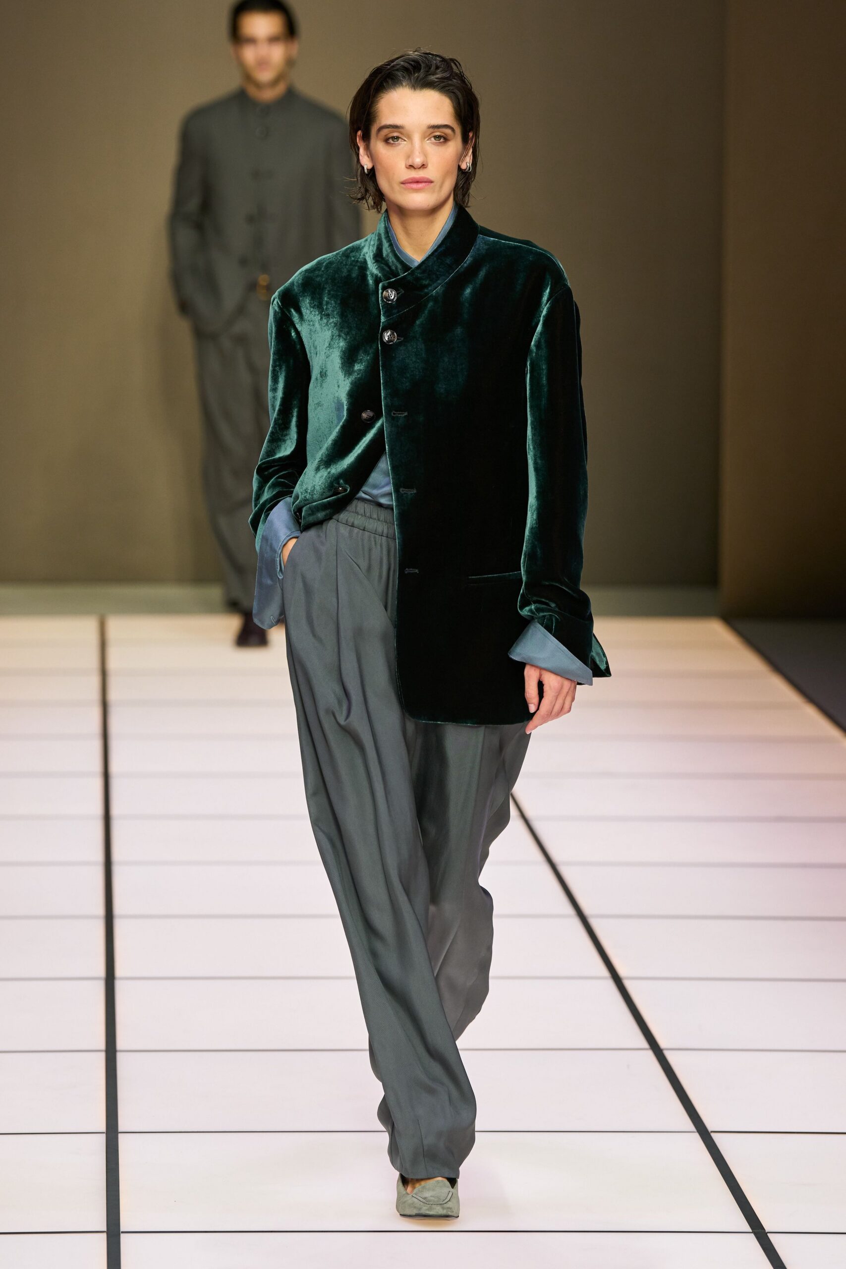 green velvet jacket with gray pants