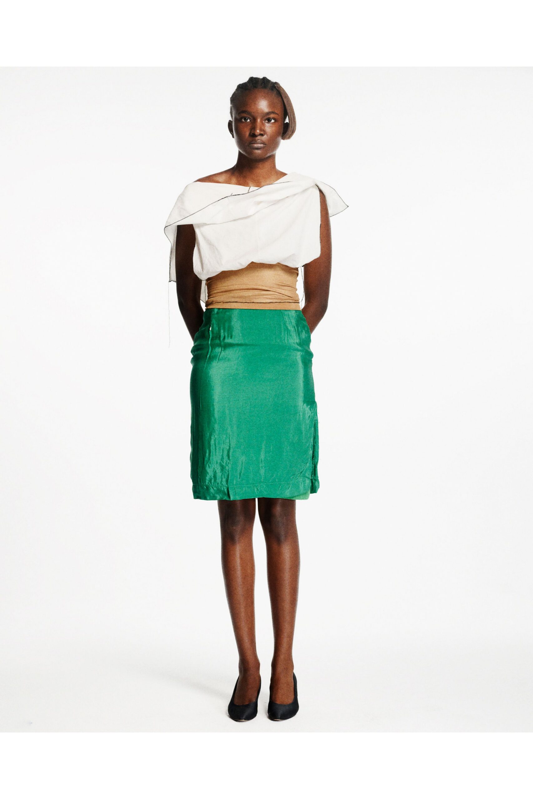 beige silk sleeveless off-shoulder fitted draped top