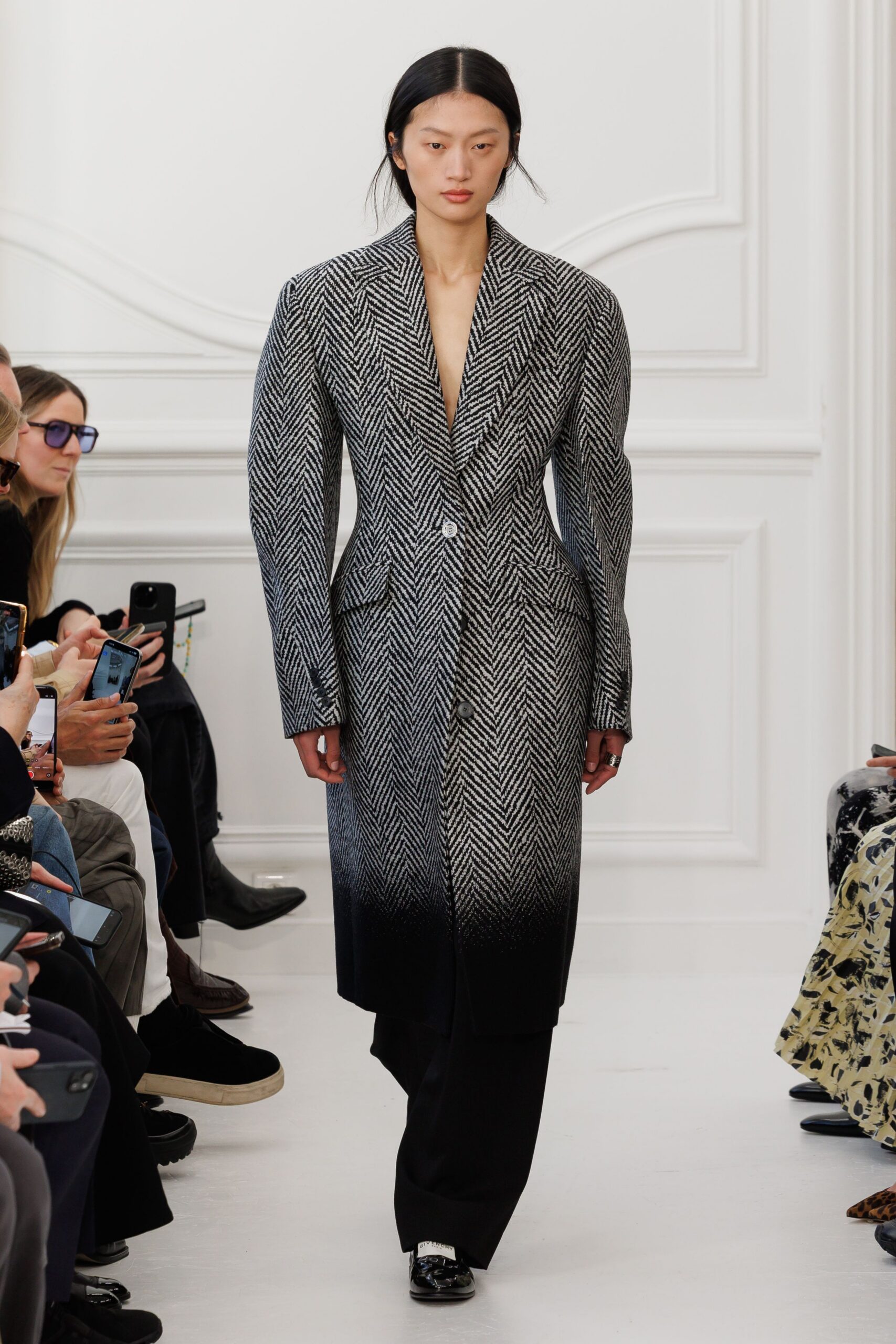 black wool long-sleeve collared structured printed zippered coat