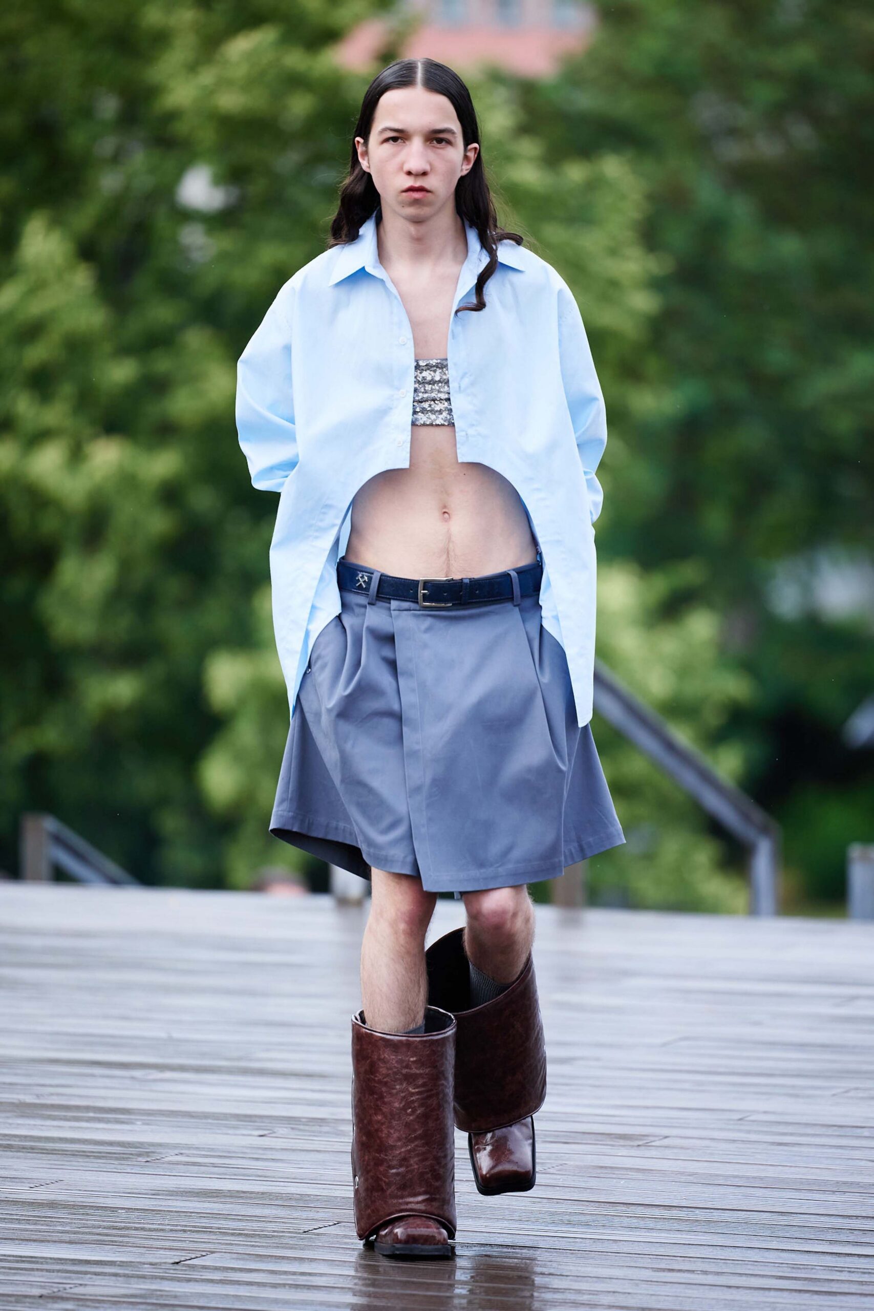 blue cotton long-sleeve collared oversized shirt