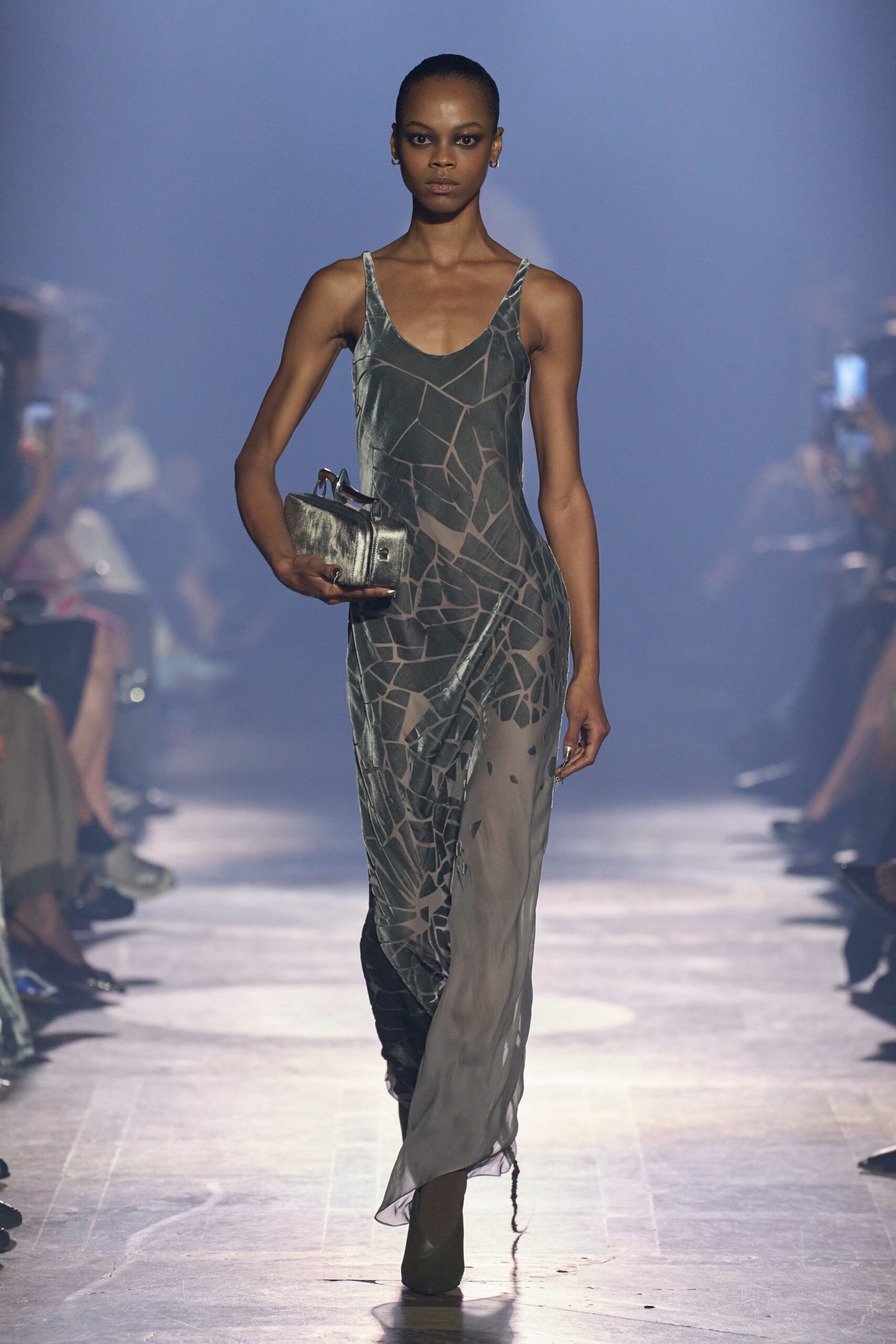 gray silk sleeveless v-neck fitted printed sheer dress