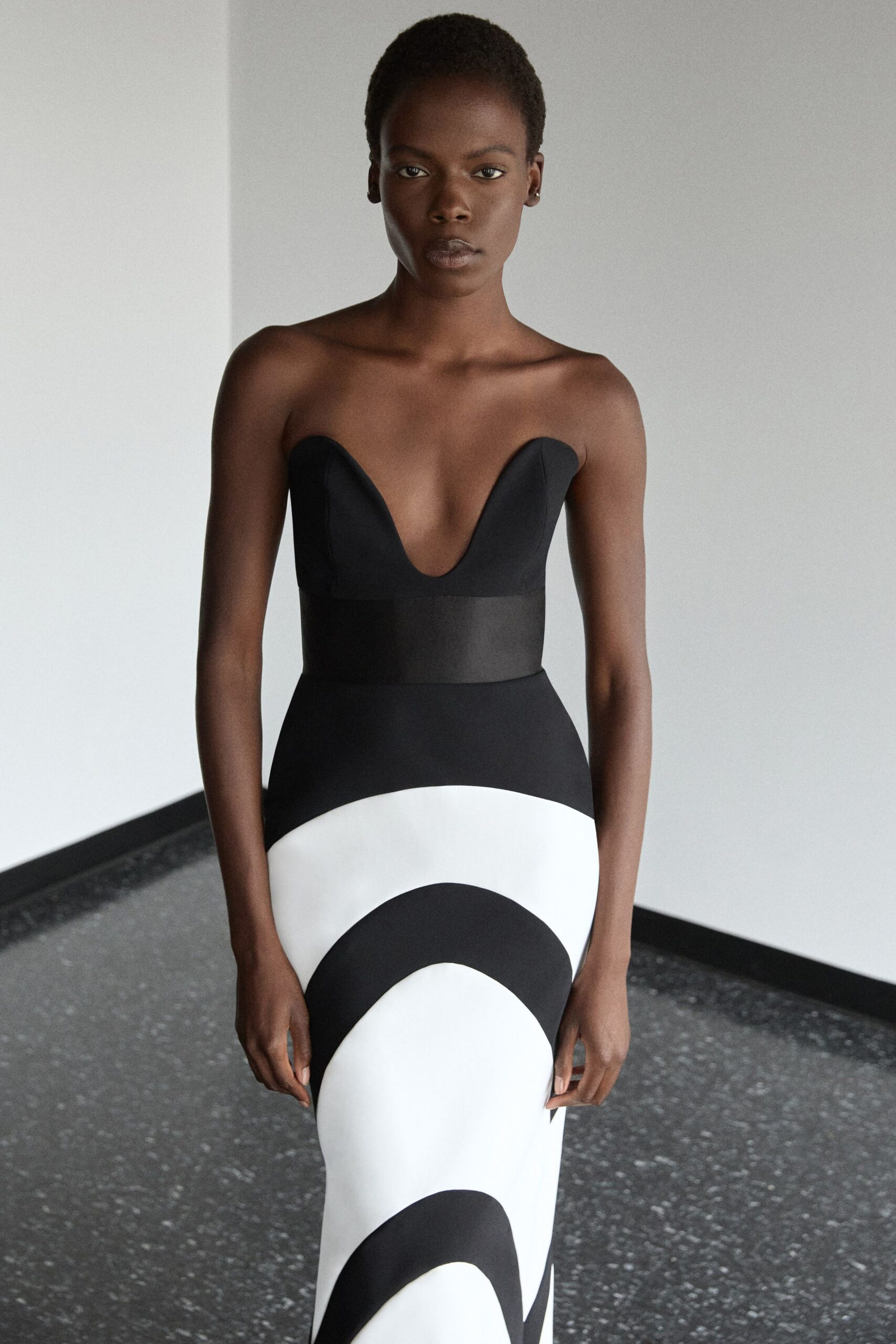 black and white color-blocked gown