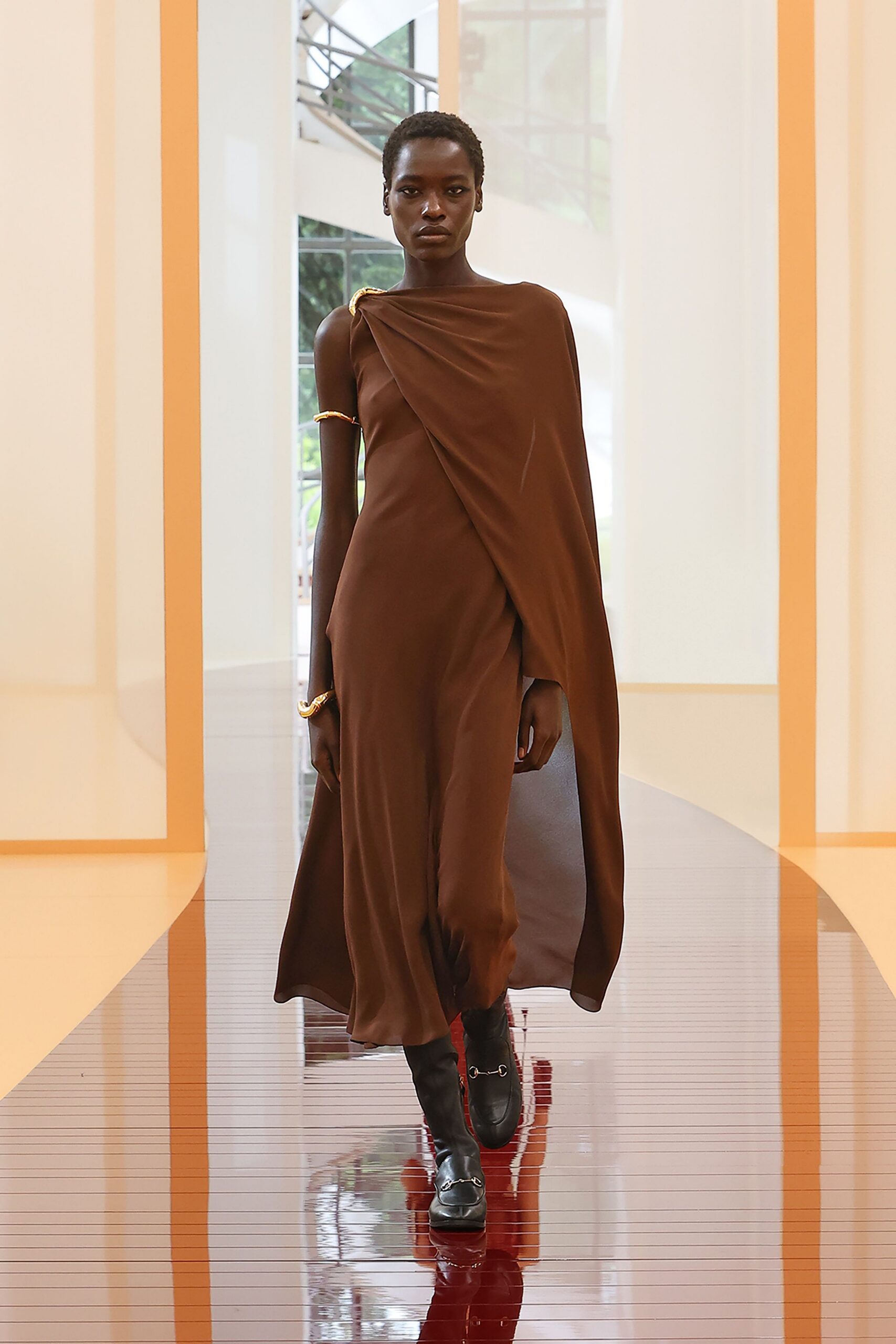 brown silk sleeveless asymmetric fitted draped maxi dress