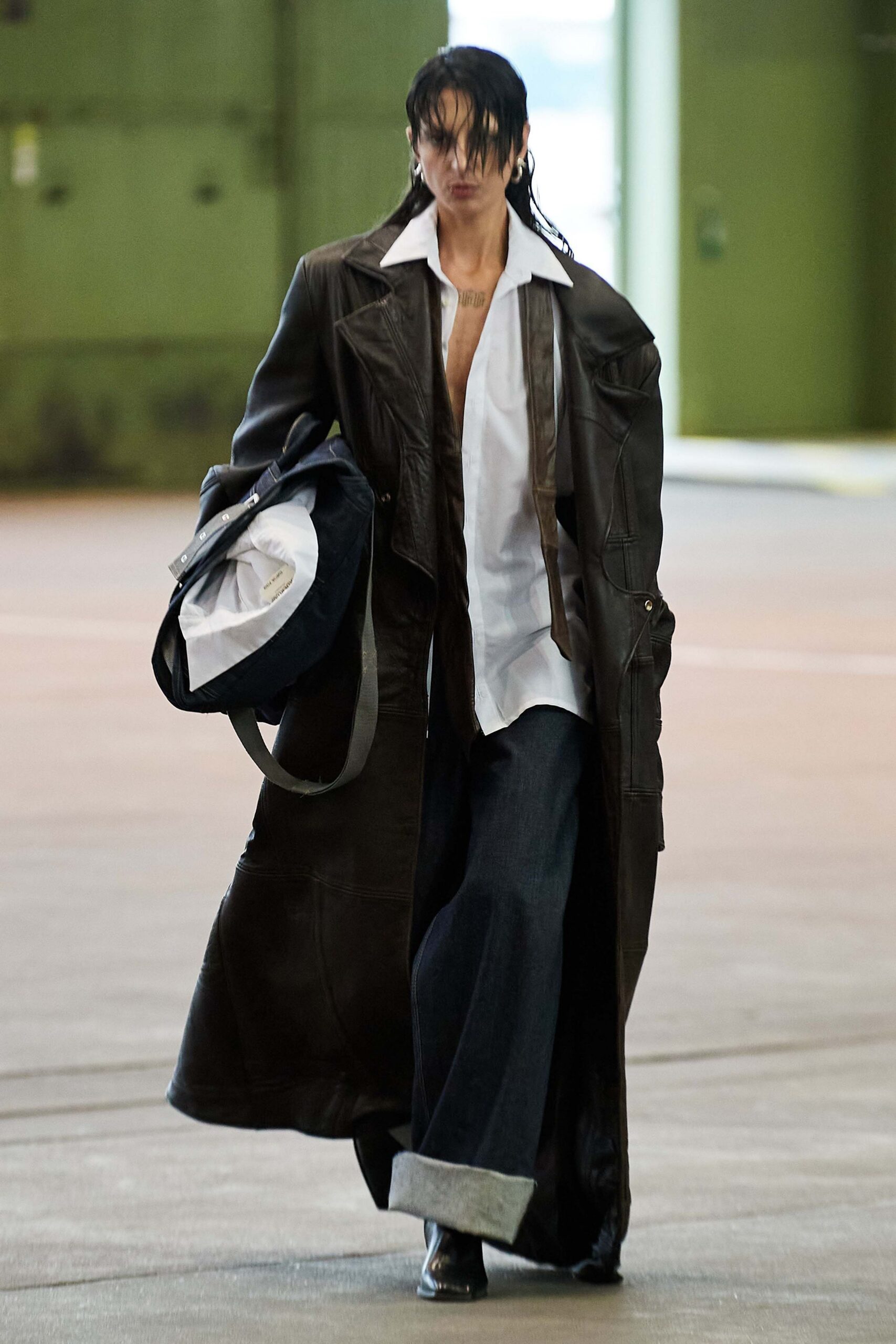 brown leather long-sleeve collared relaxed zippered maxi coat