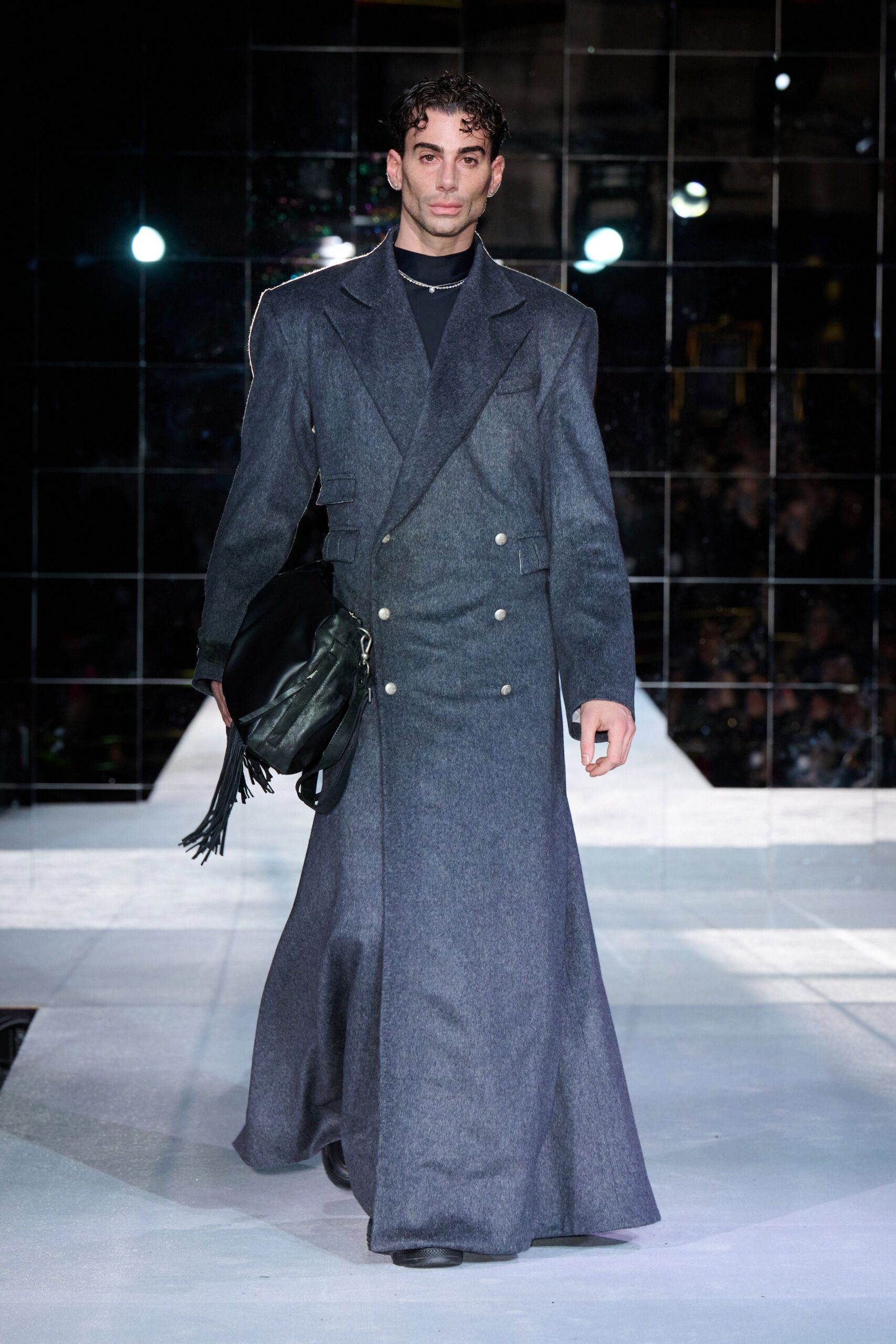 gray wool long-sleeve double-breasted structured pleated maxi coat