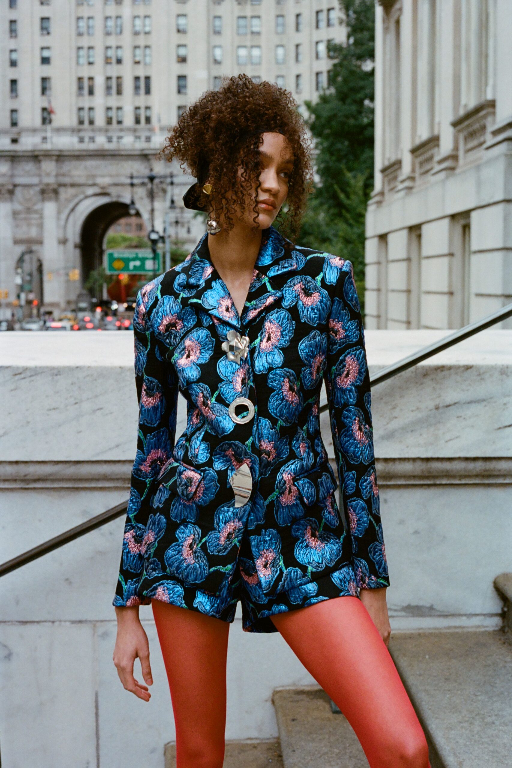 blue silk fitted printed short shorts