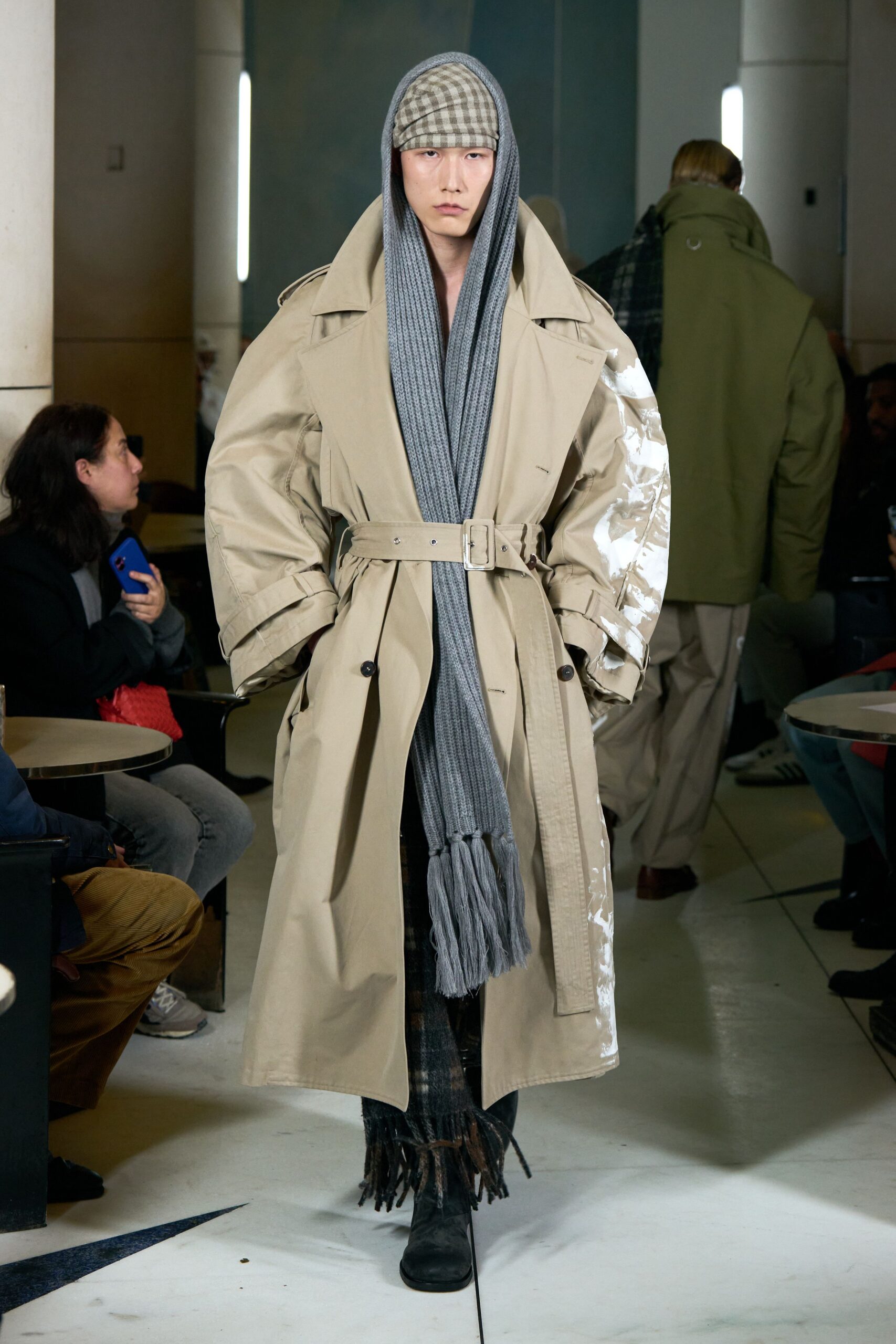 beige relaxed coat with gray scarf