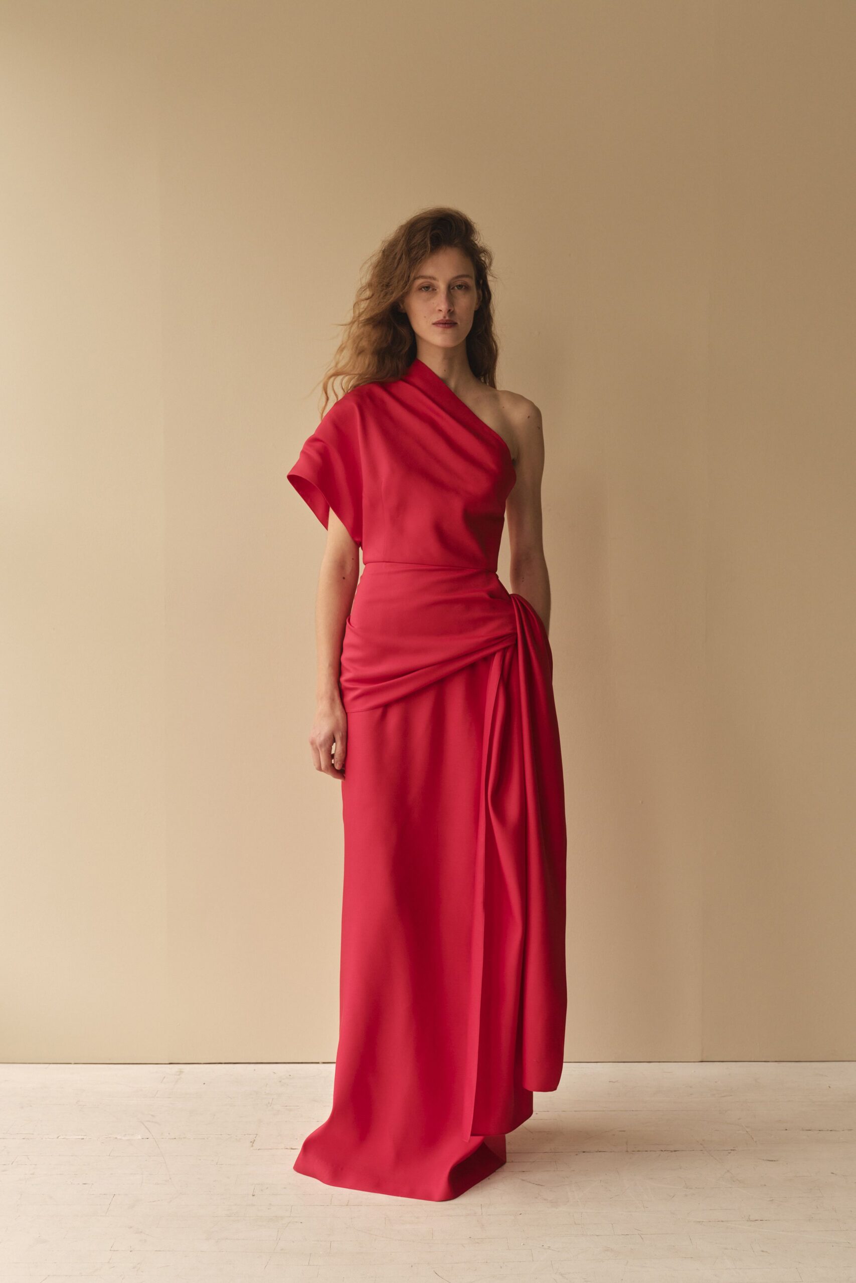 red silk sleeveless gown