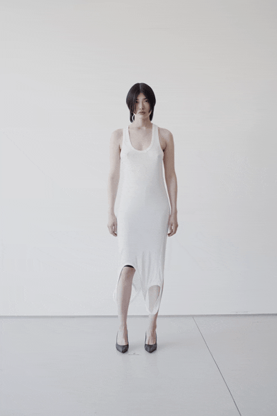 white cotton sleeveless high-neck fitted midi dress