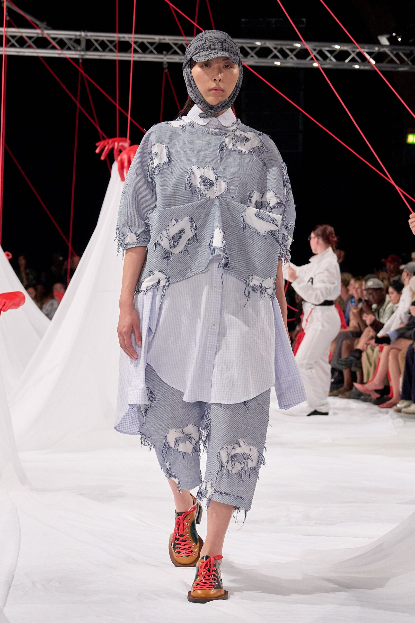 blue denim short-sleeve collared relaxed fringed layered top