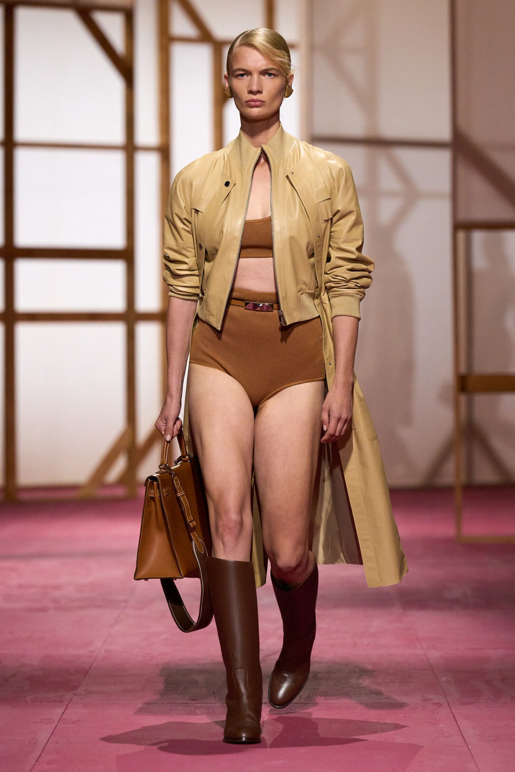 beige leather long-sleeve collared fitted zippered midi coat