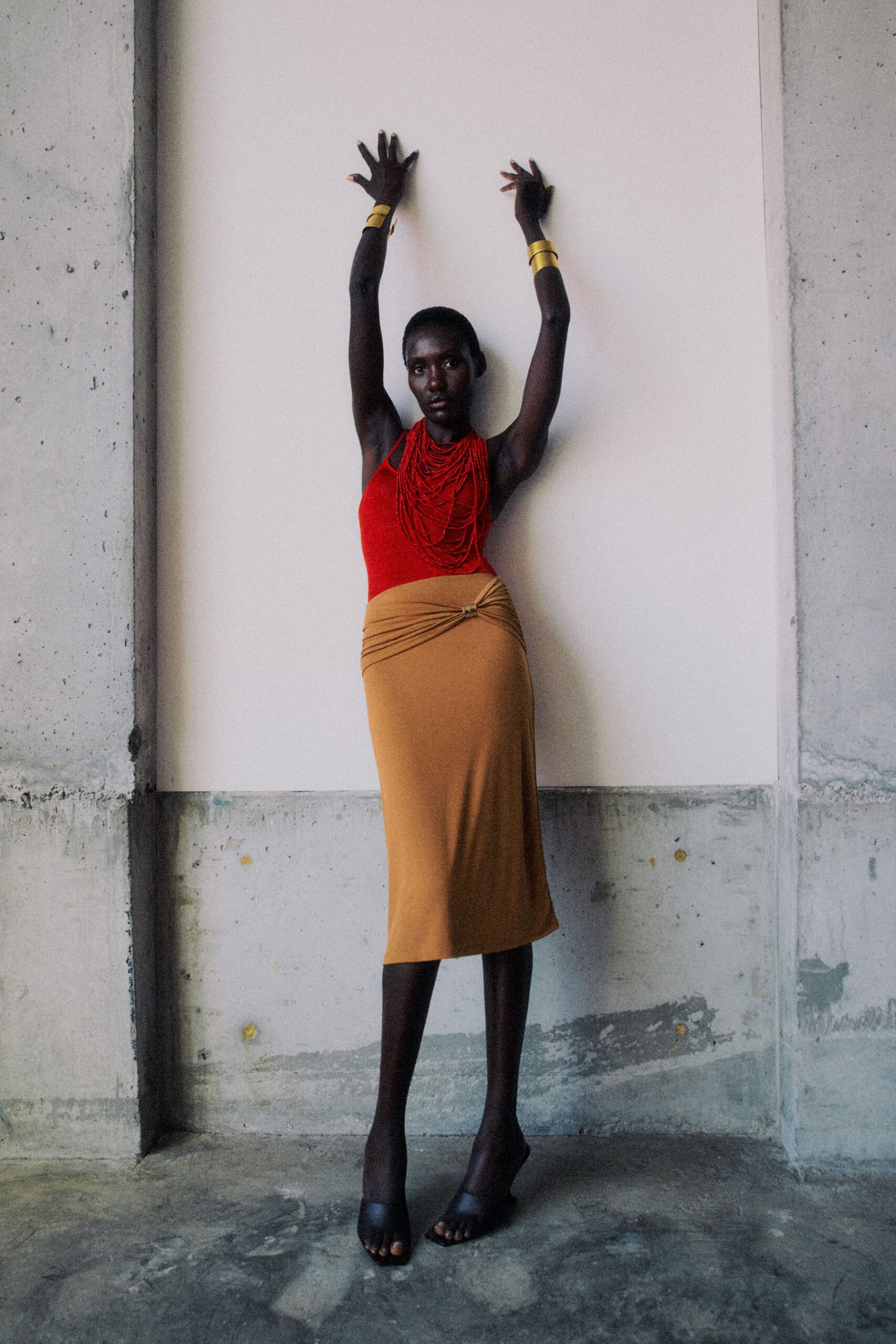 red fitted top brown midi skirt