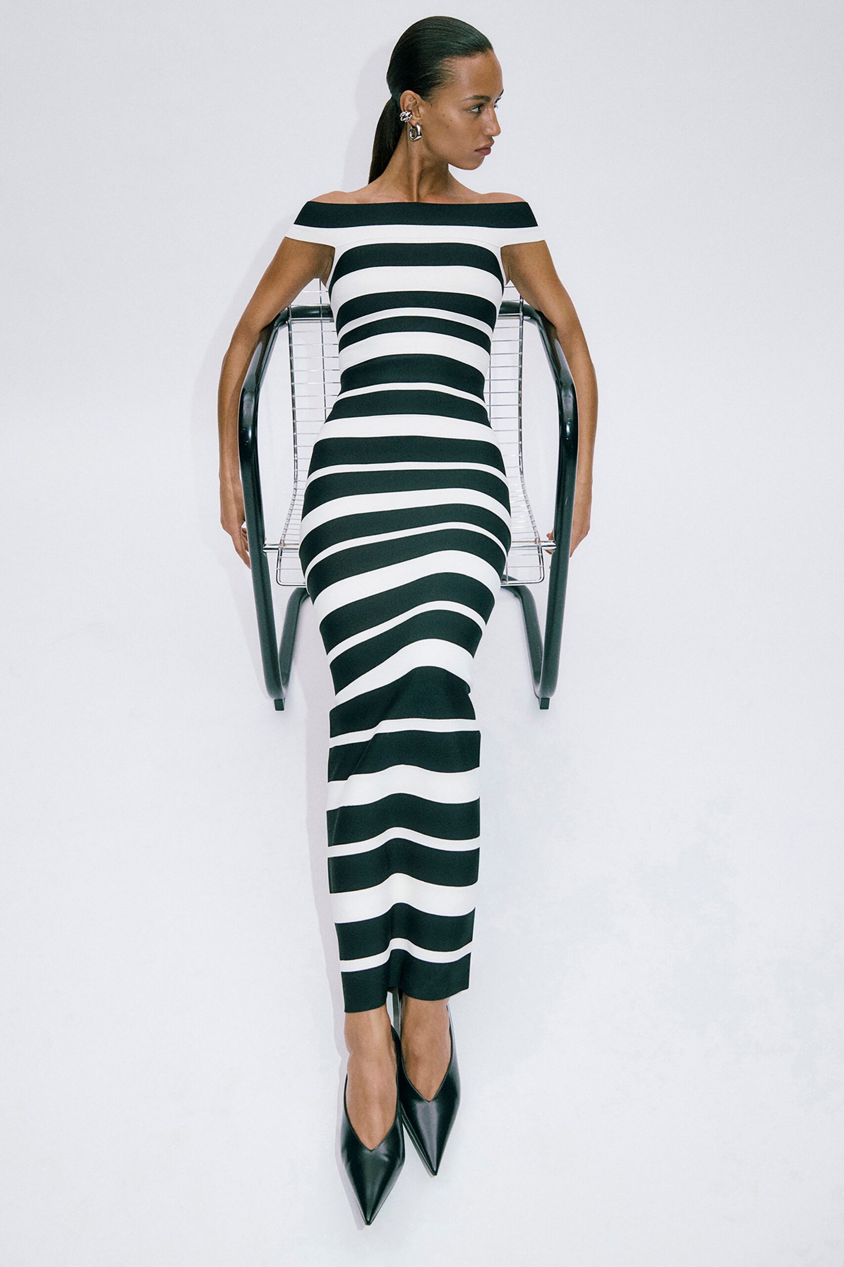 black and white striped gown