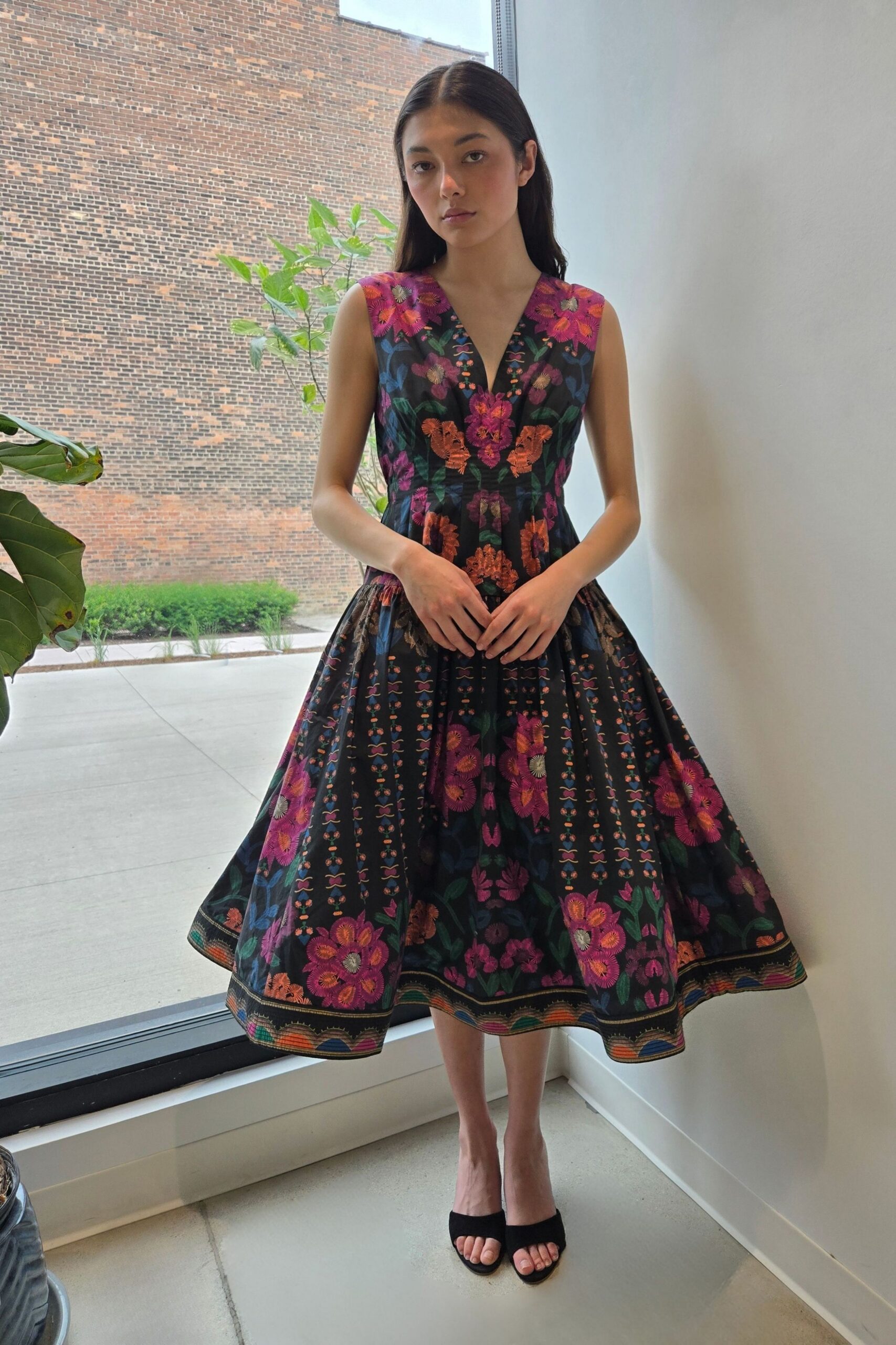 black cotton sleeveless v-neck fitted flared embroidered dress