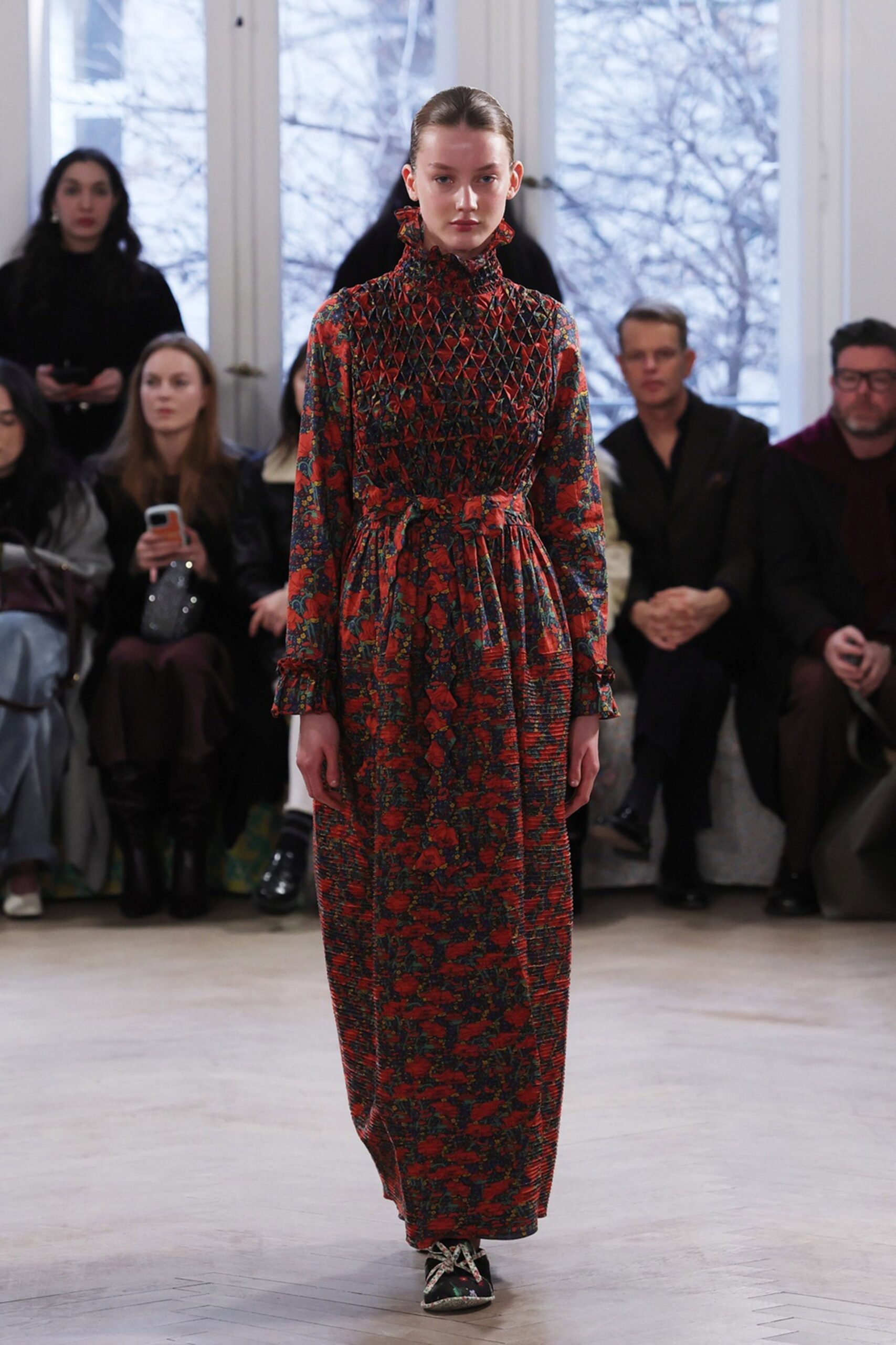 red silk long-sleeve high-neck fitted floral tiered gown