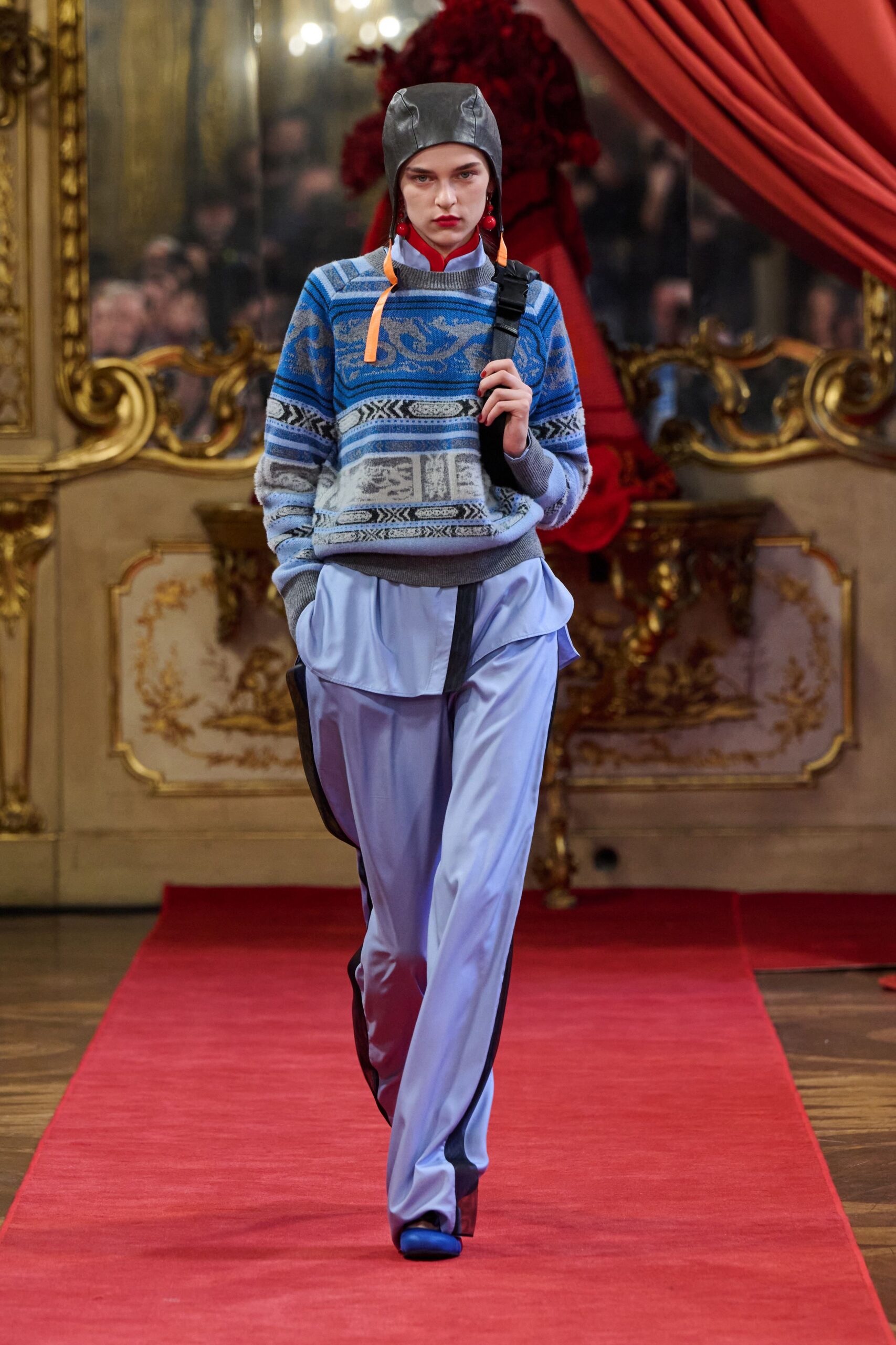 blue cotton long-sleeve collared relaxed printed sweater