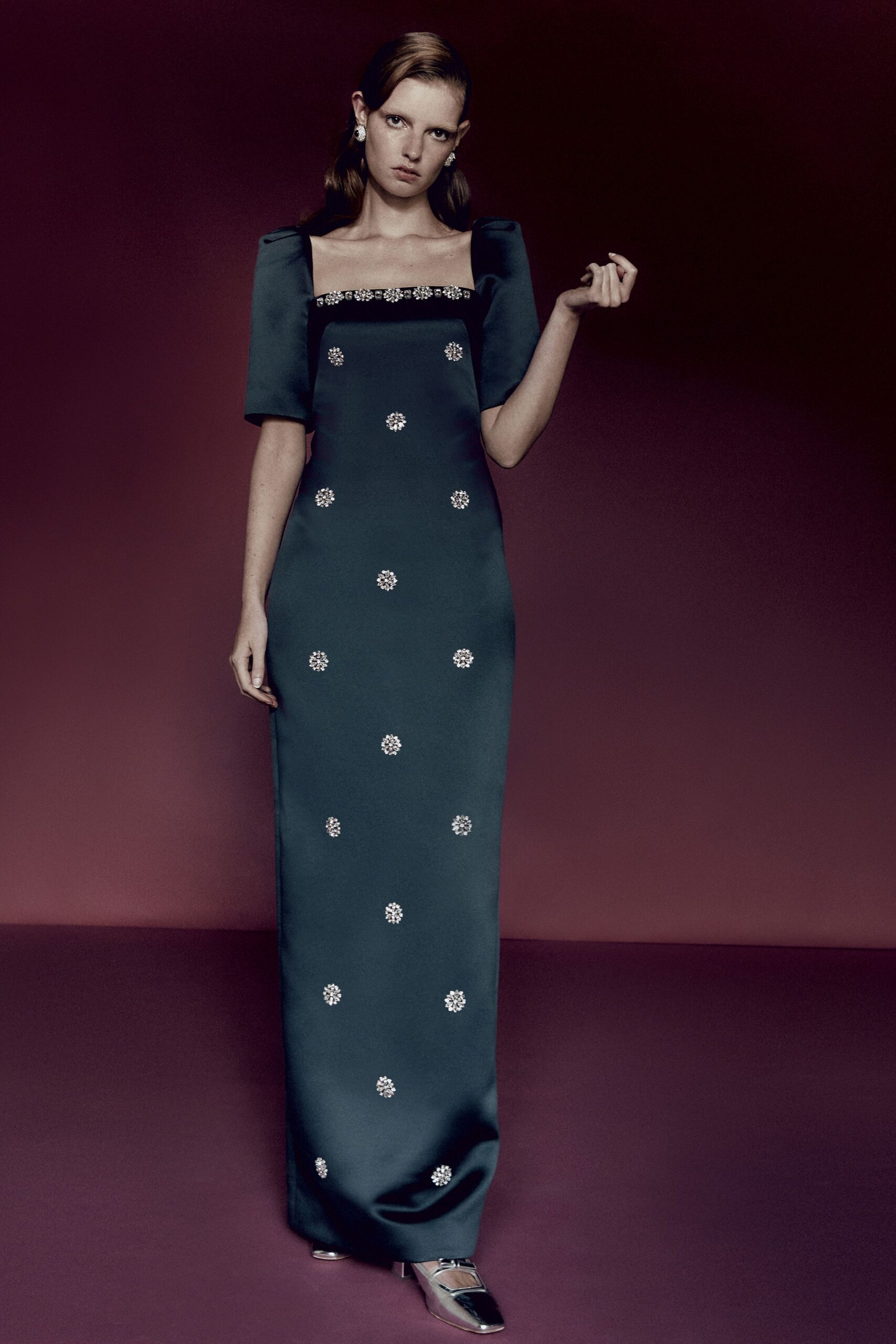 blue silk embroidered gown
