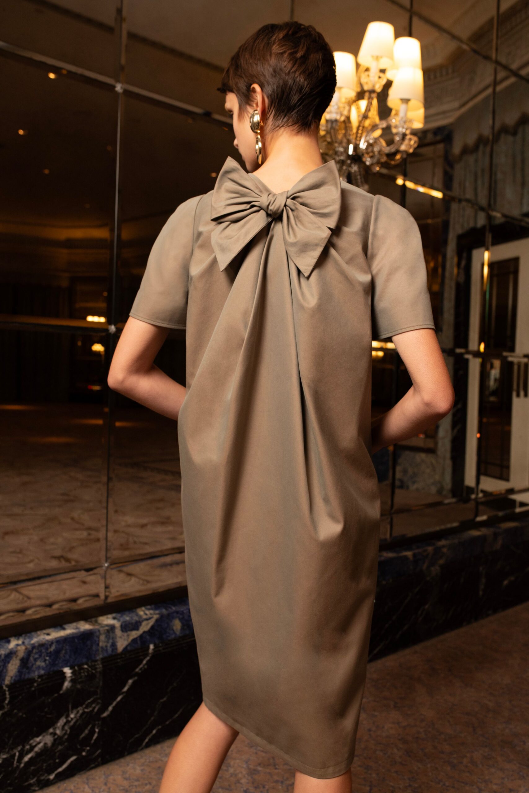 beige silk fitted dress