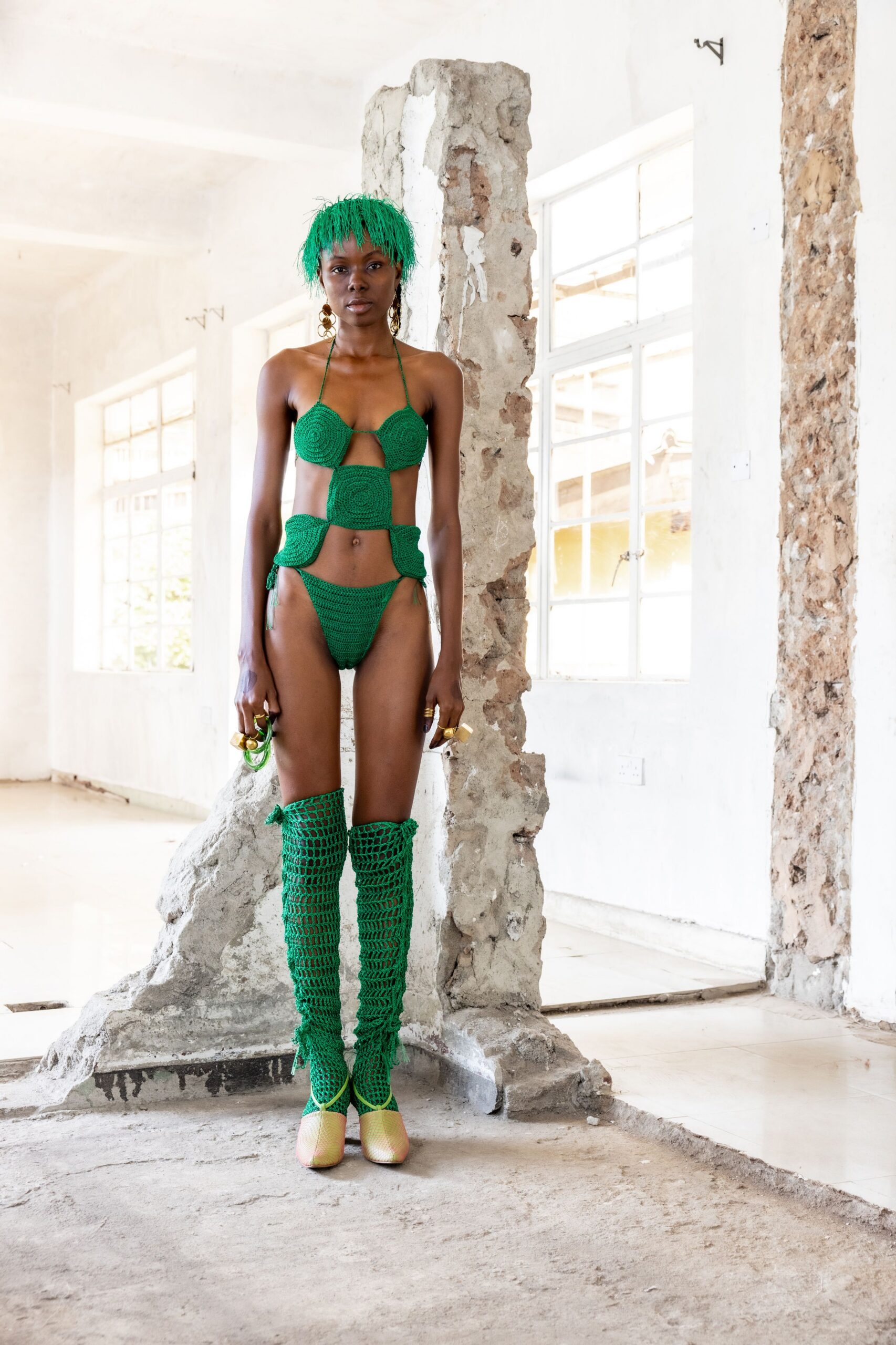 green crochet bikini with boots