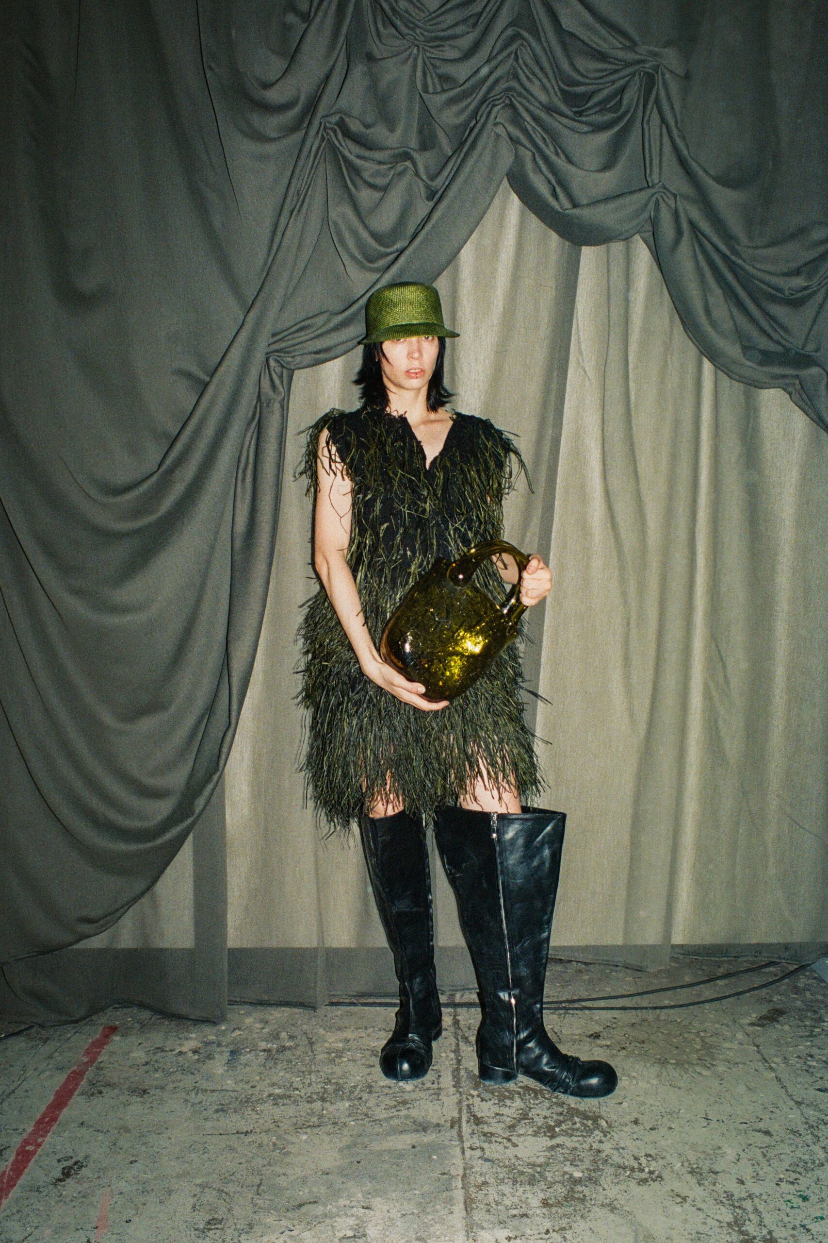 green fur sleeveless v-neck relaxed fringed mini dress
