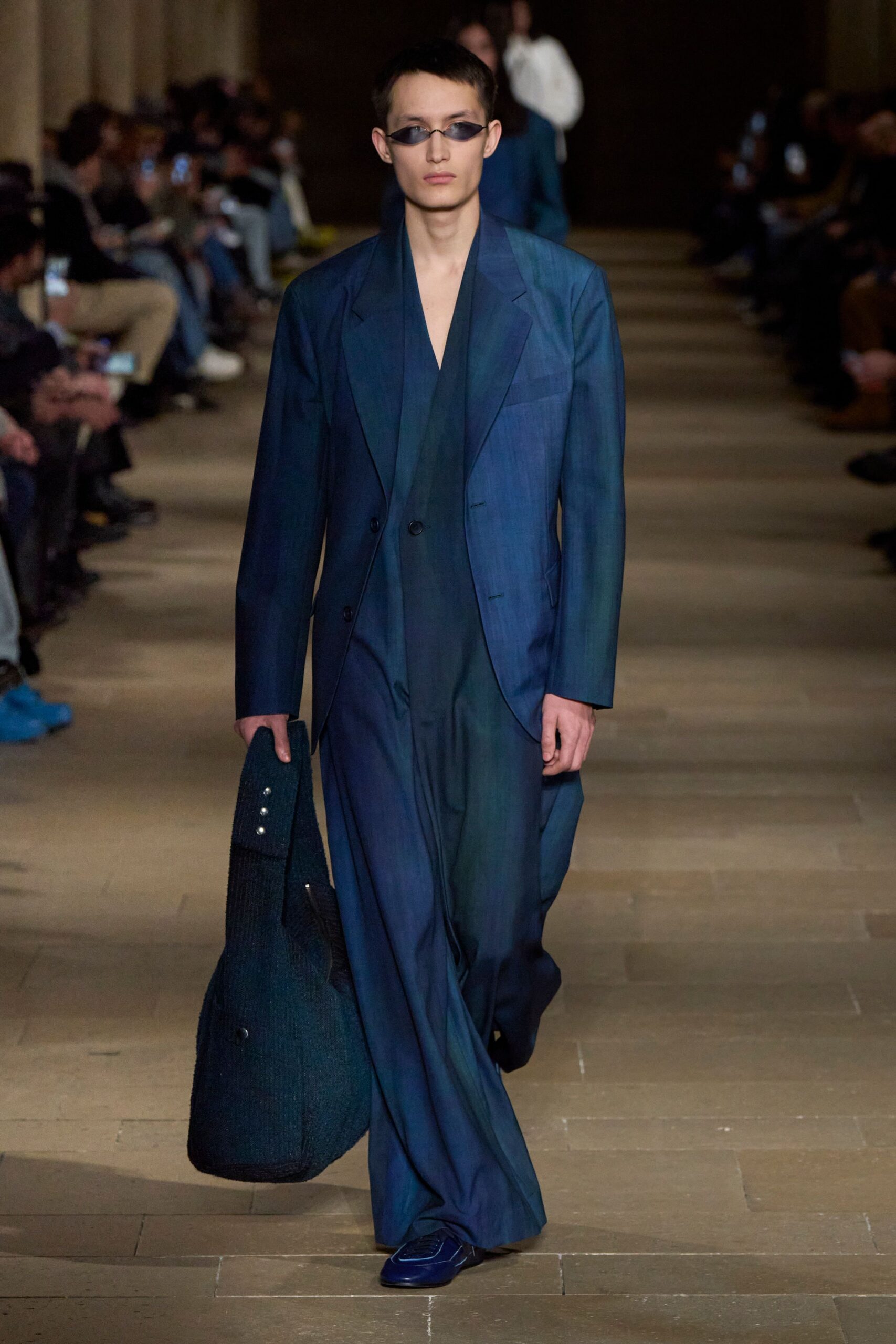 blue relaxed suit with bag