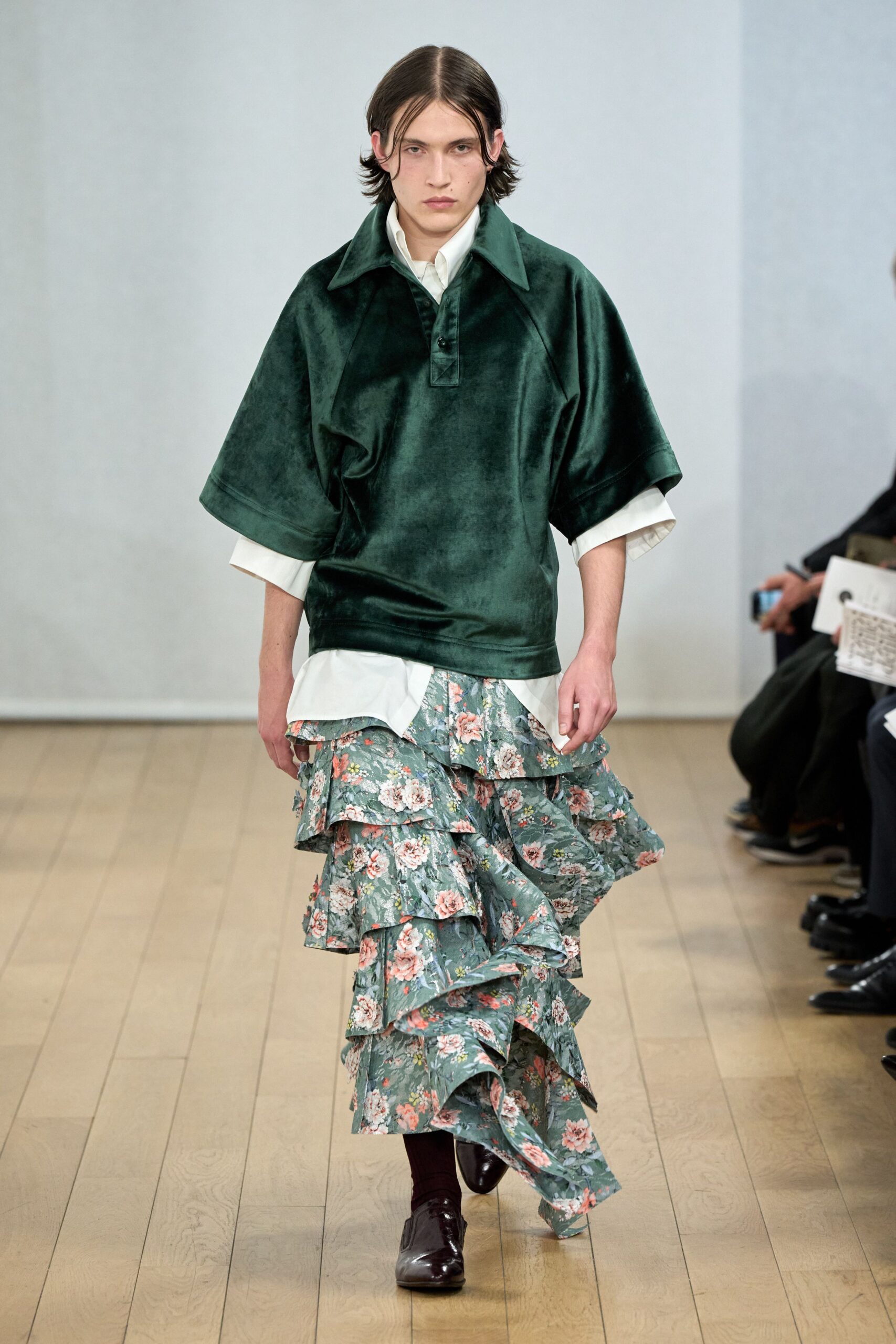 green velvet top with multi-tiered skirt