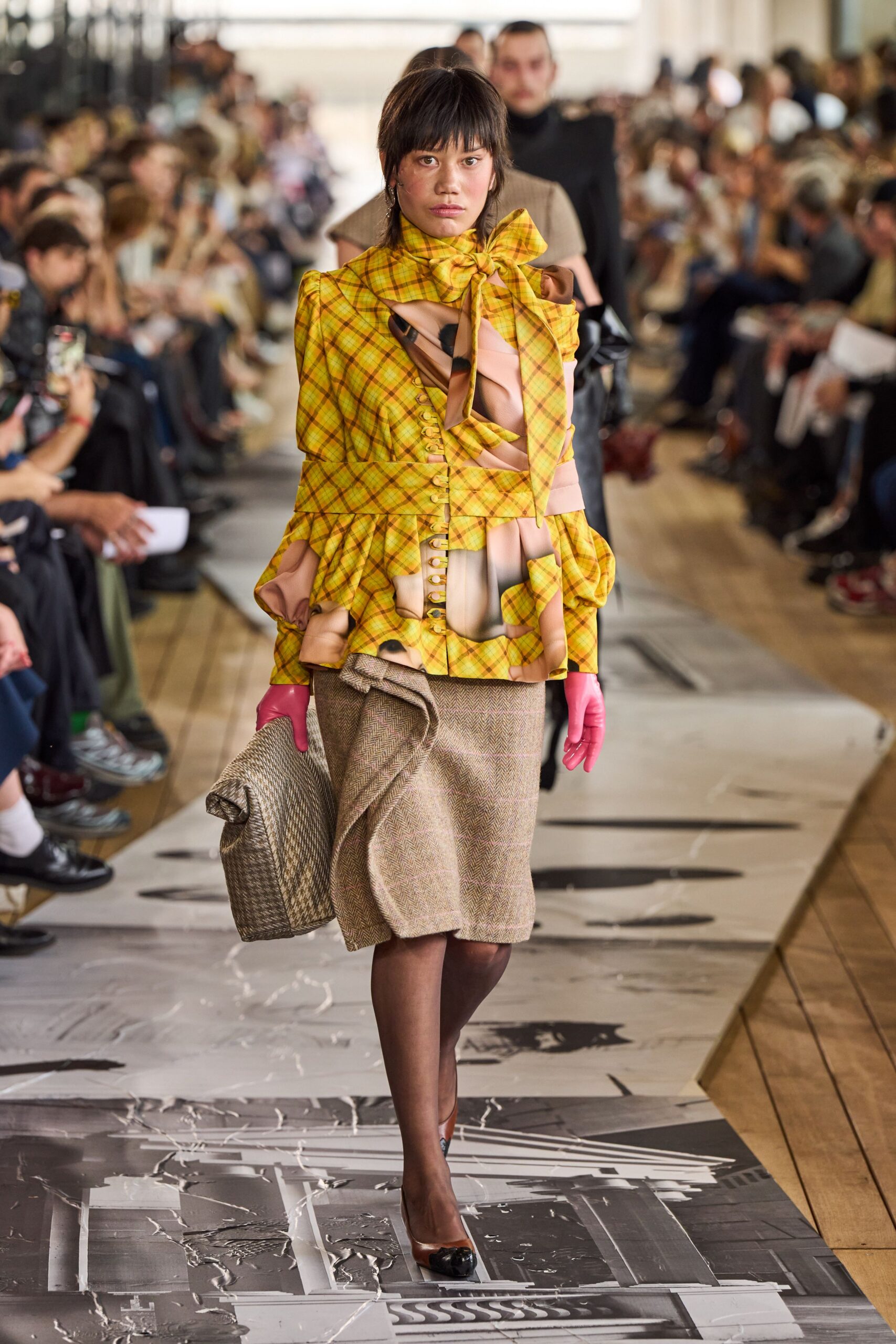 yellow silk long-sleeve collared fitted pleated buttoned blouse