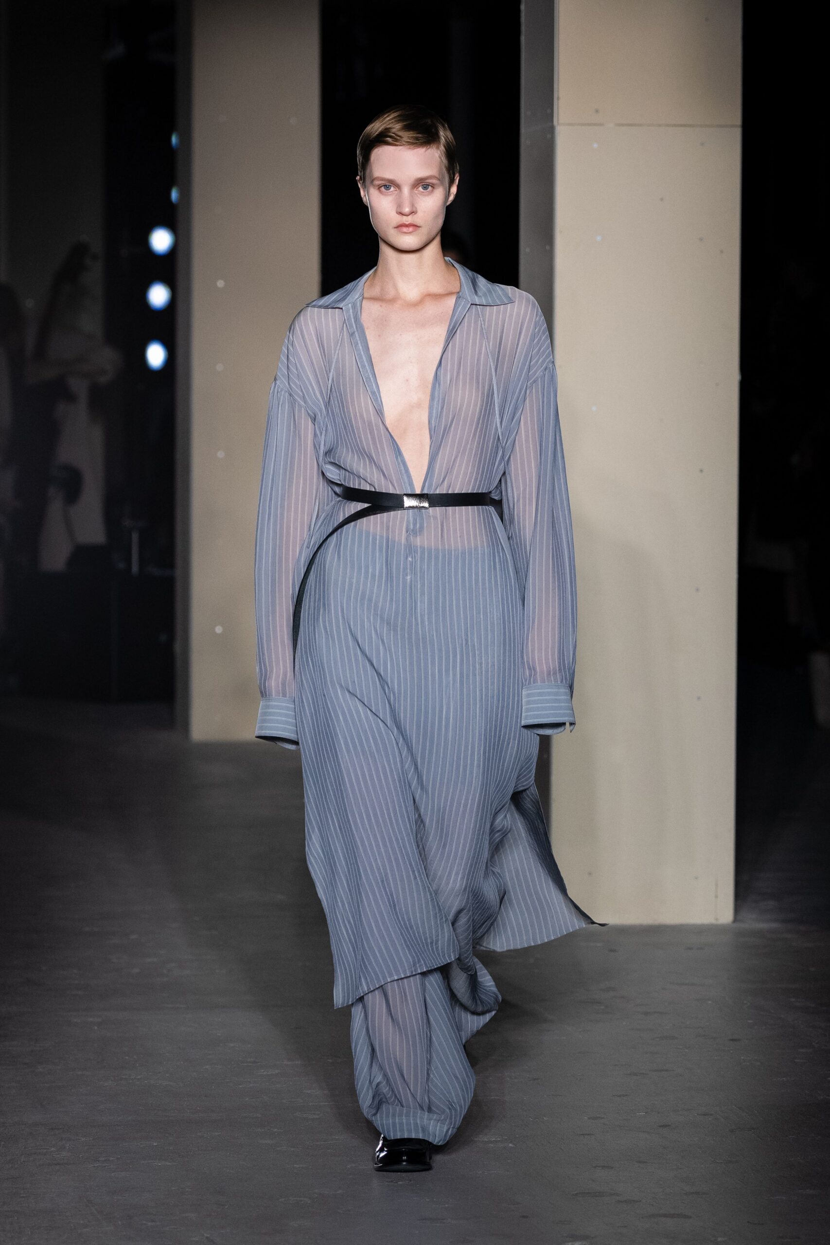blue chiffon long-sleeve v-neck relaxed striped sheer dress
