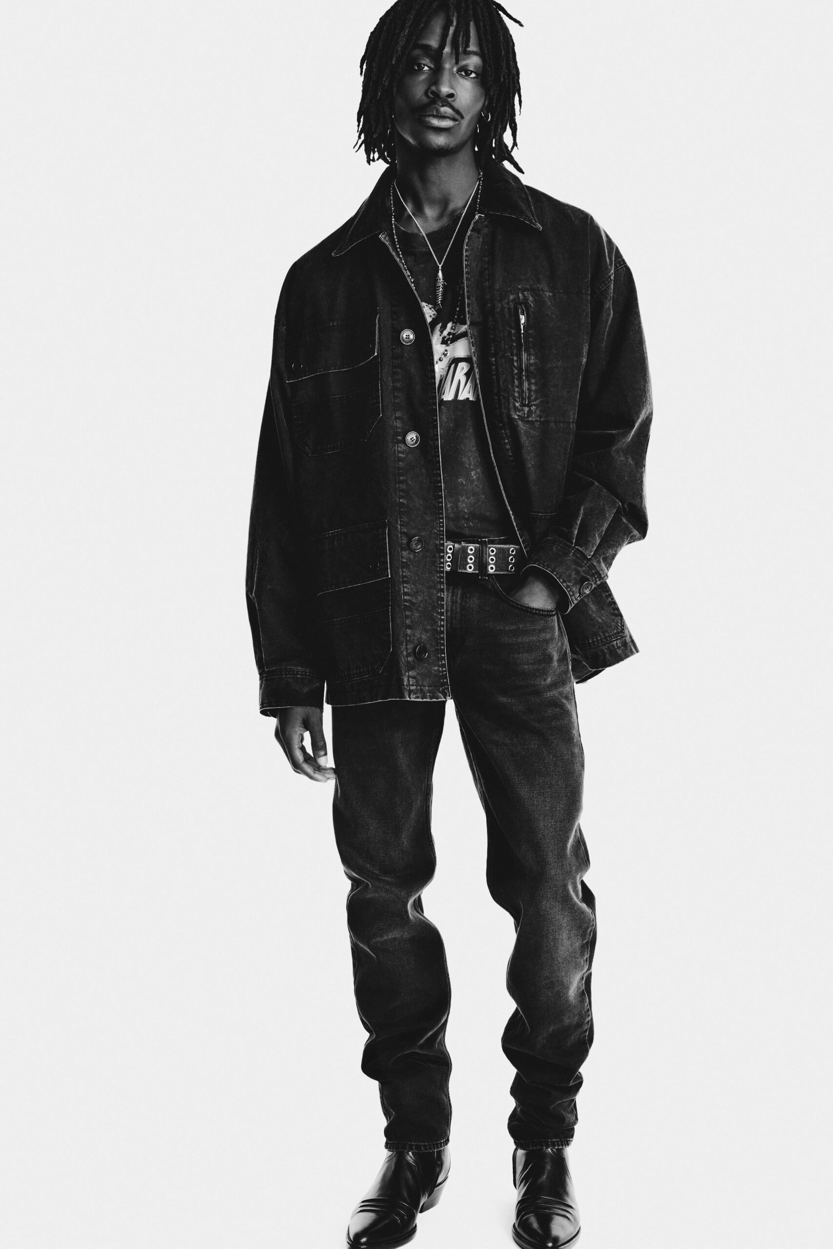 black denim long-sleeve collared oversized jacket