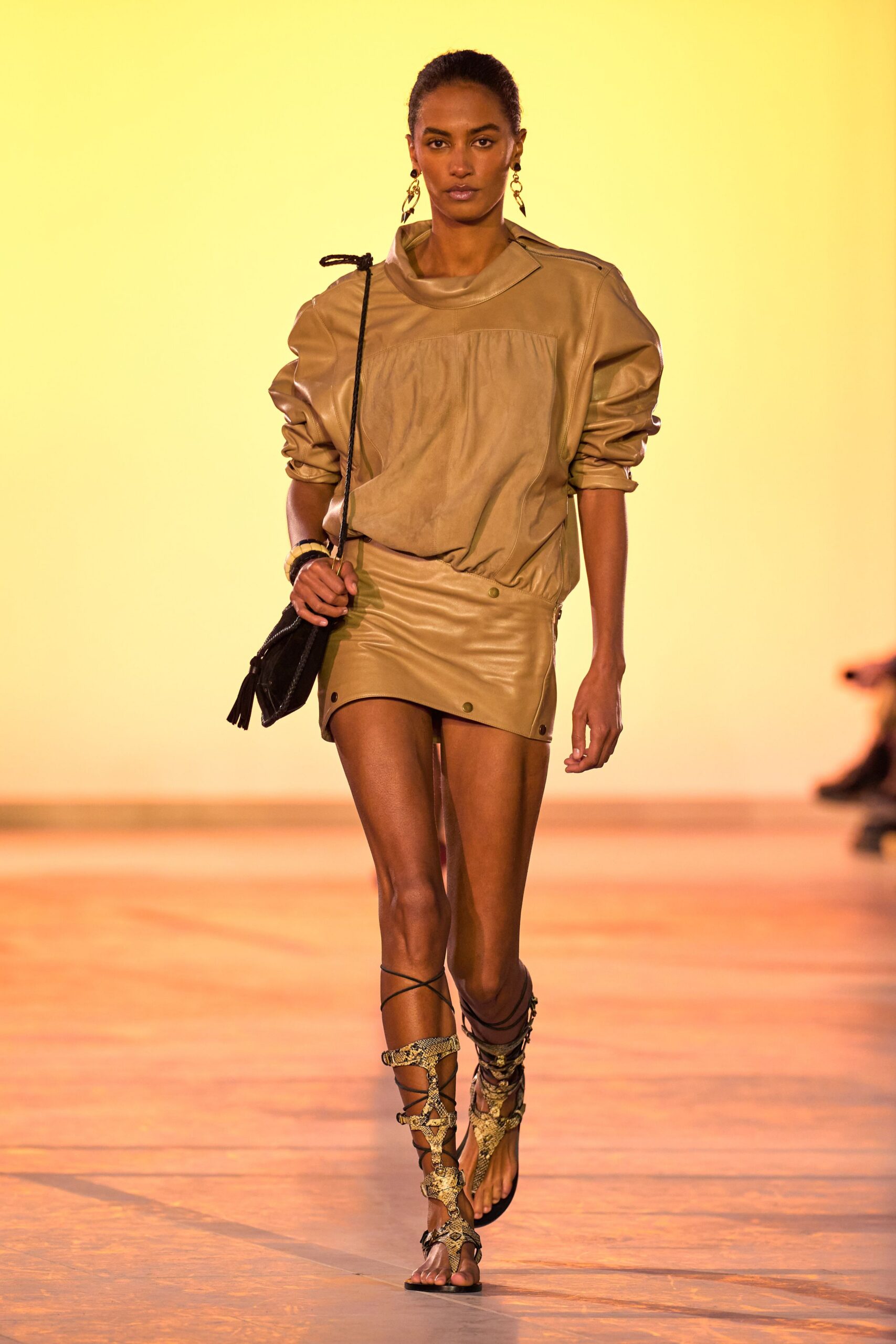 gold leather long-sleeve collared fitted padded zippered top
