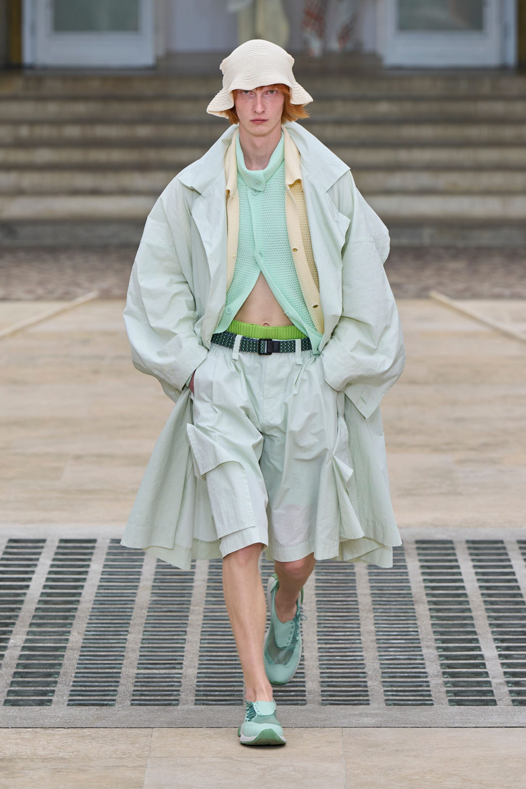 green cotton long-sleeve oversized layered midi coat