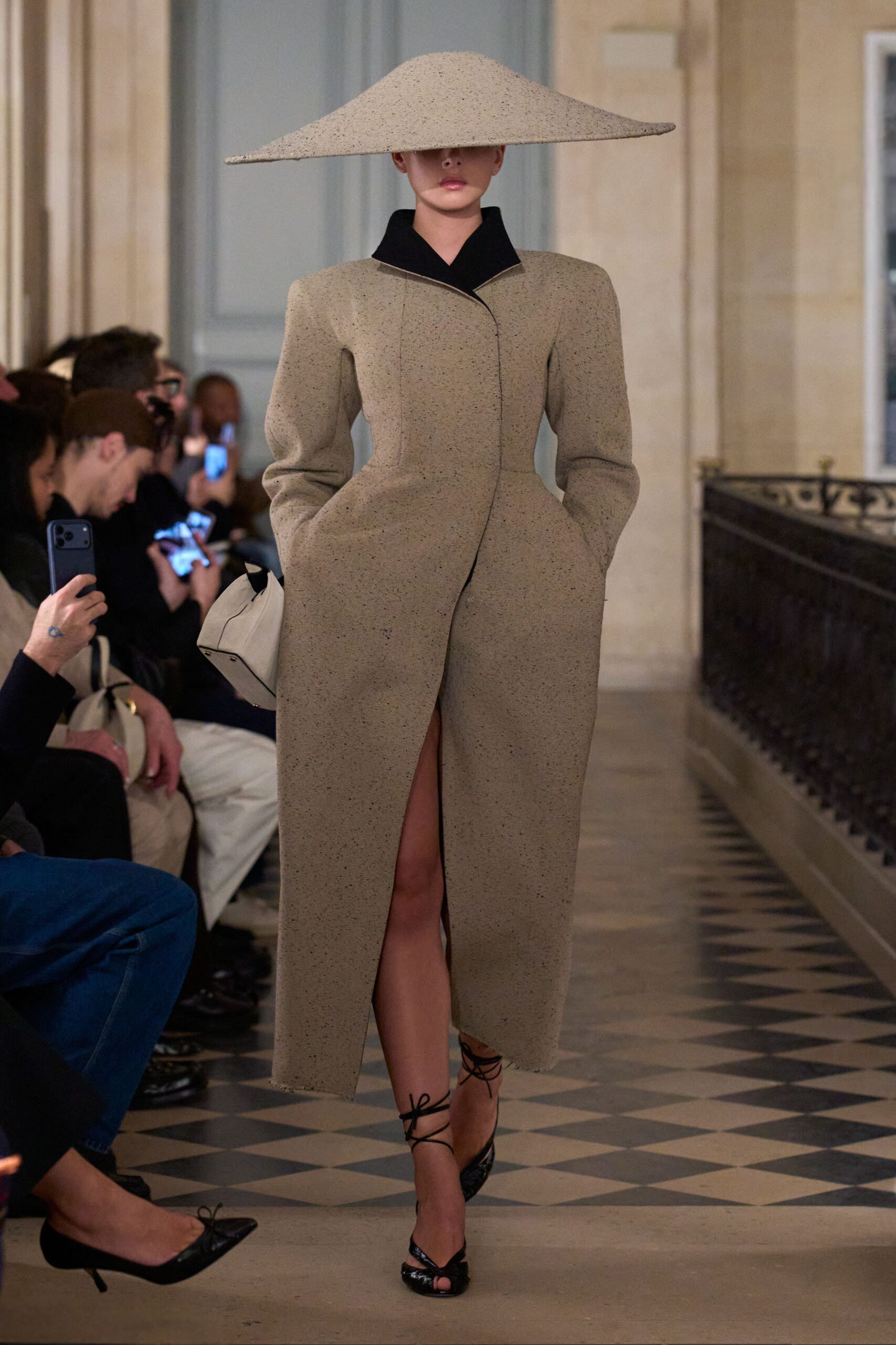 beige wool long-sleeve collared fitted structured maxi coat