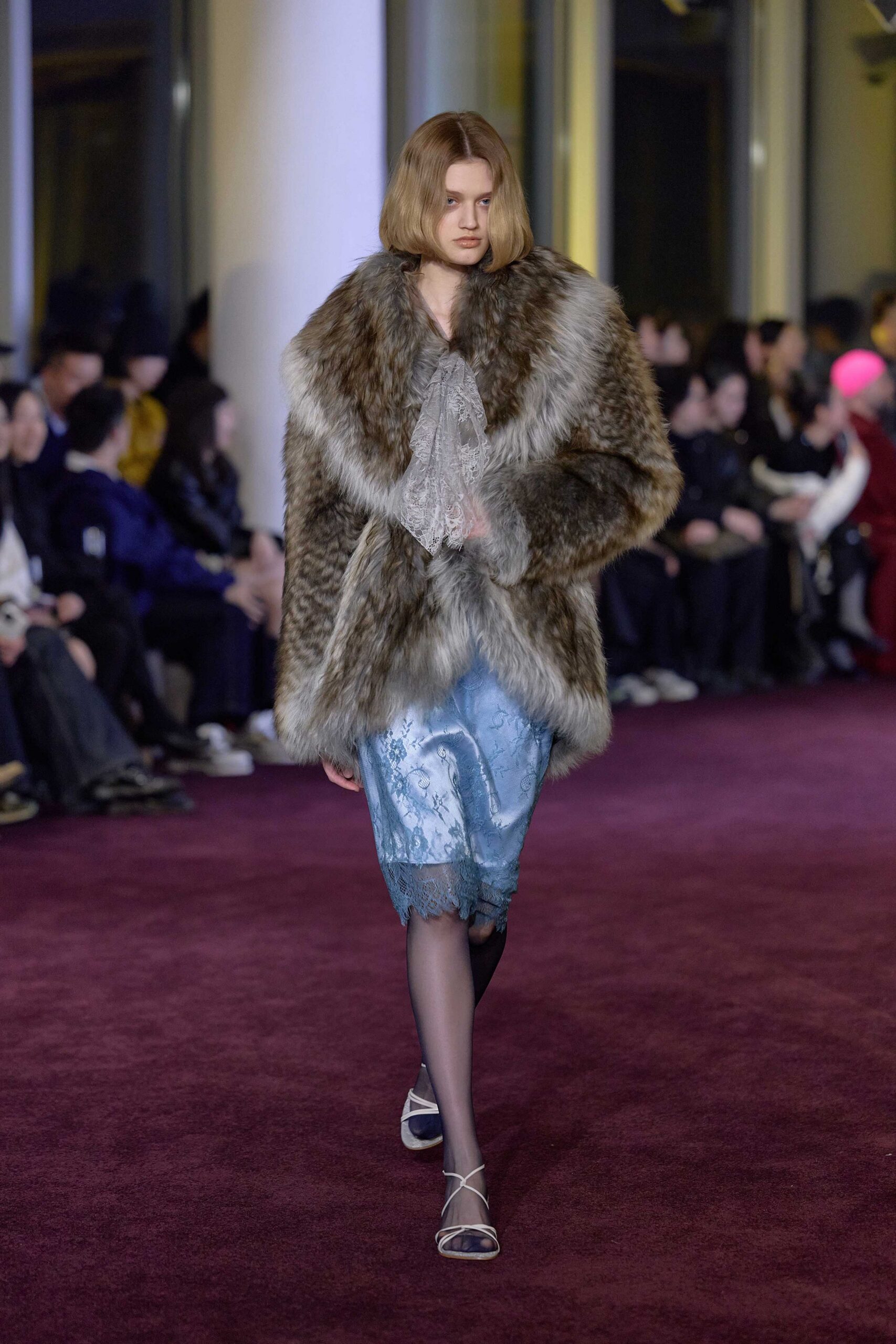brown fur coat with blue skirt