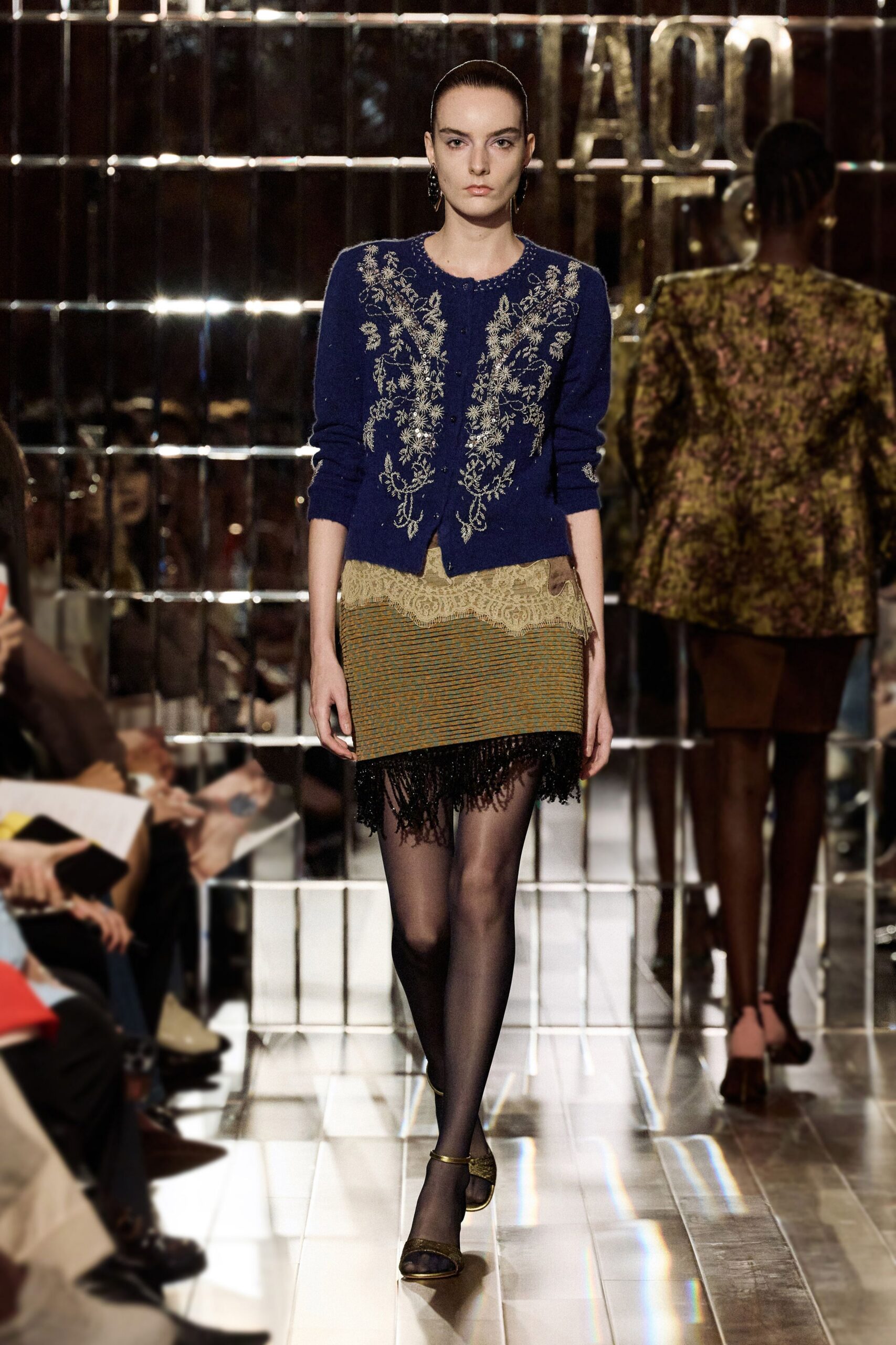 blue wool long-sleeve collared fitted embroidered fringed dress