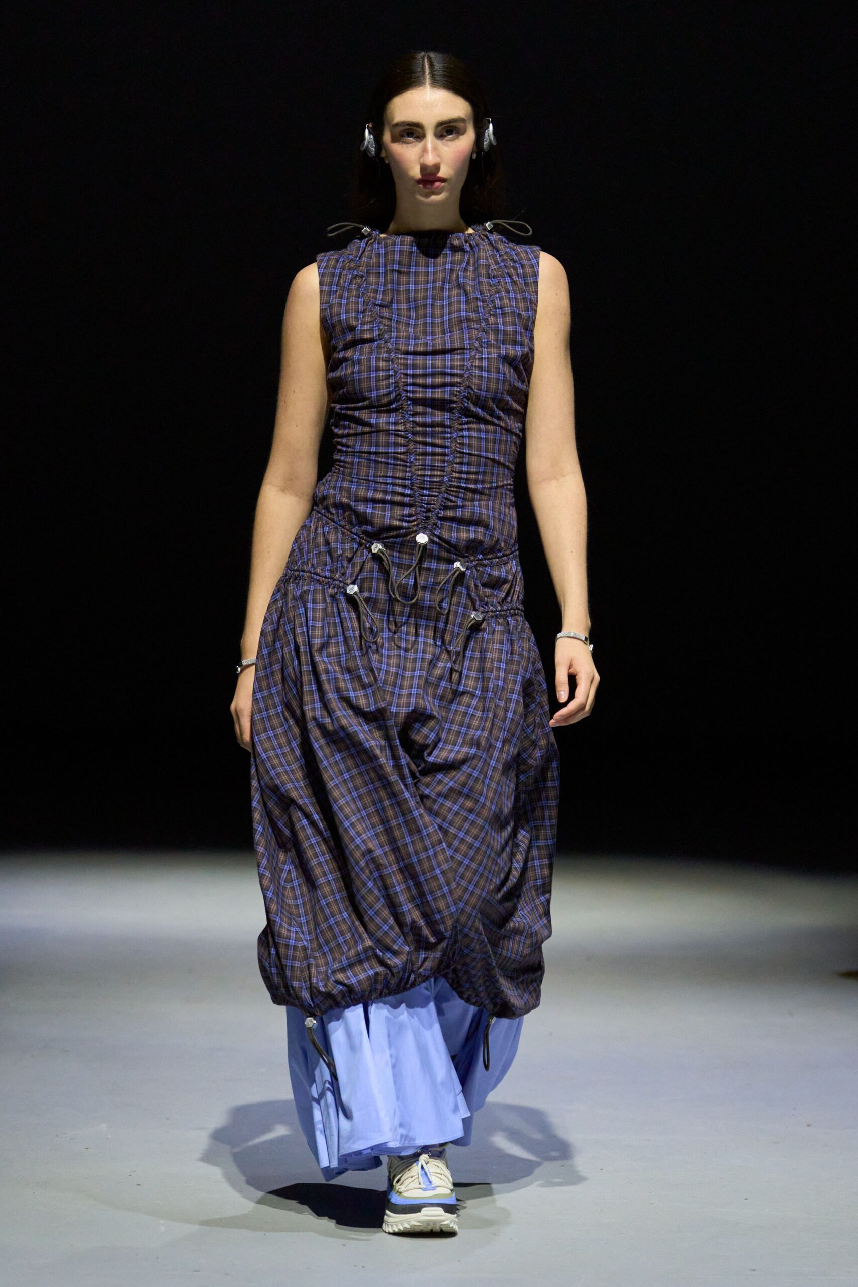 blue cotton sleeveless high-neck relaxed checked pleated dress