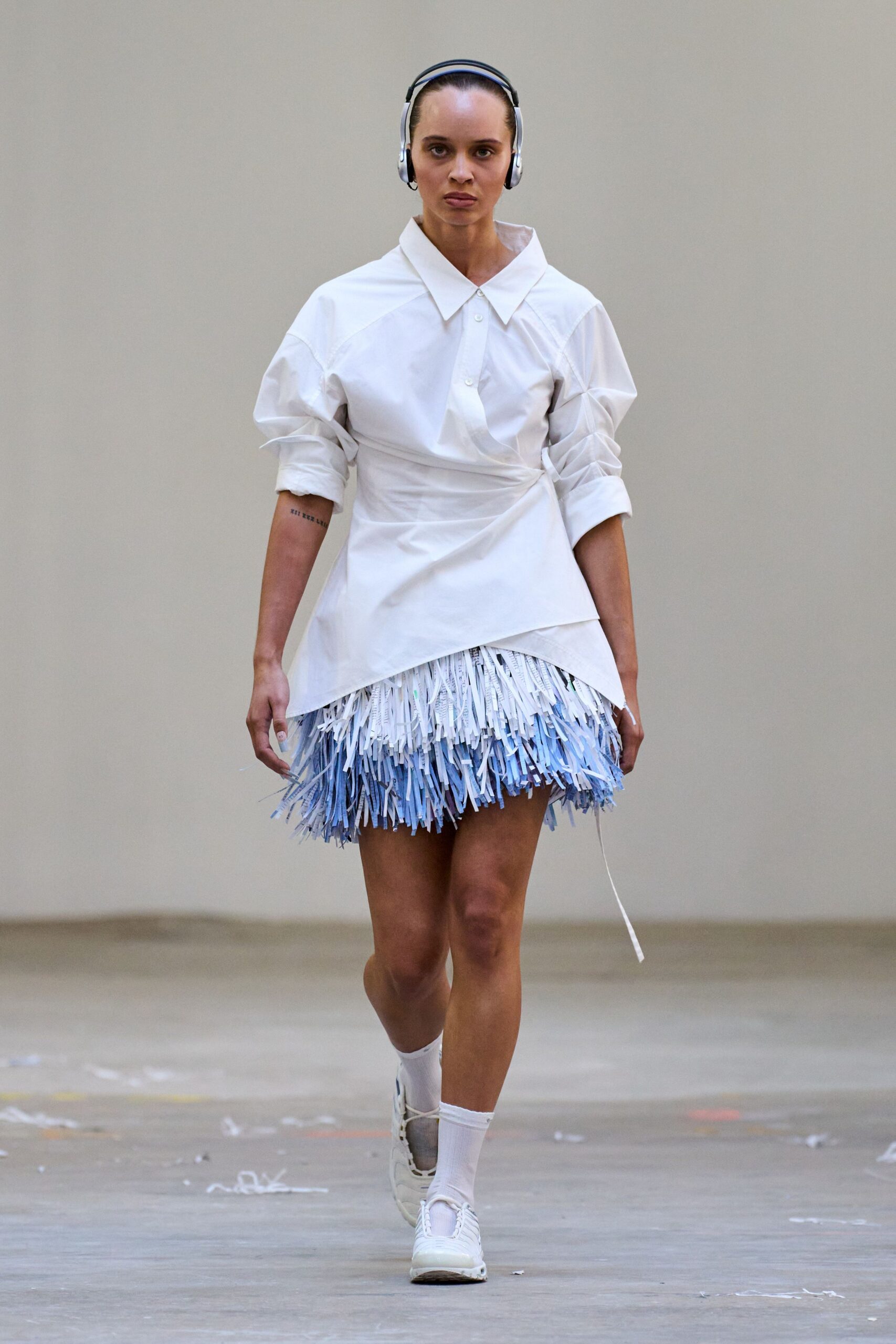 blue cotton fitted fringed short skirt