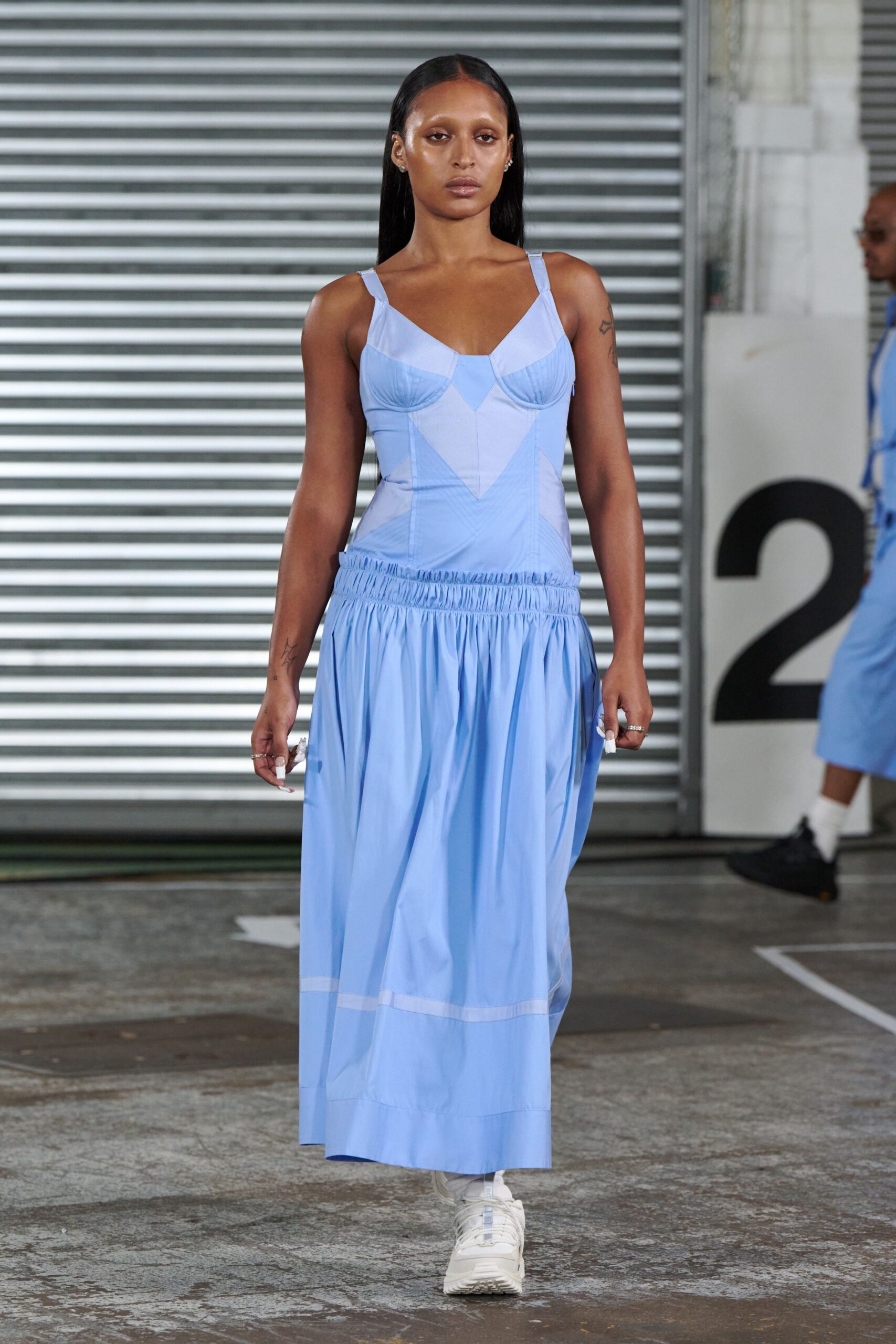 blue fitted top with midi skirt