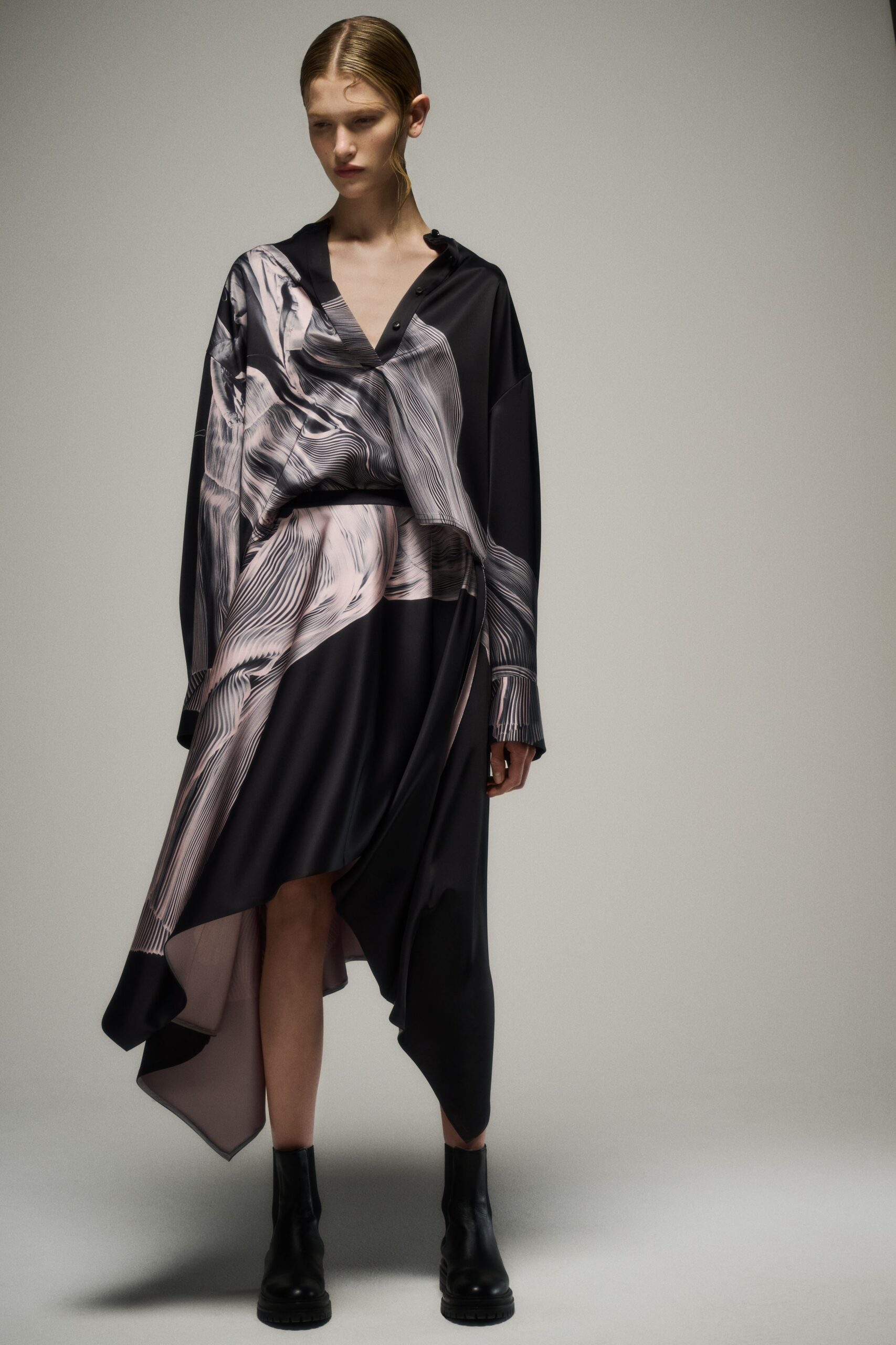 black silk long-sleeve collared relaxed draped midi shirt-dress