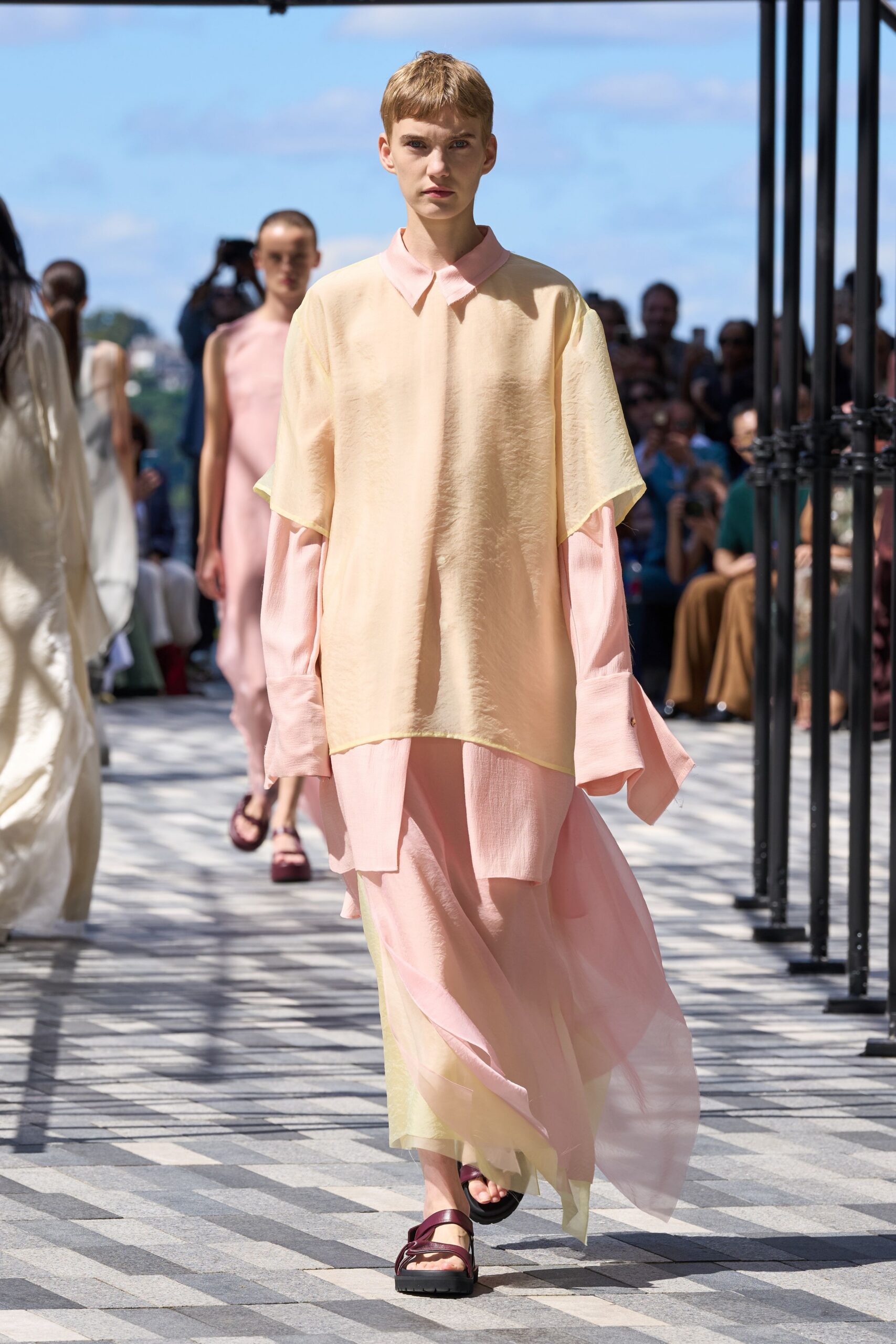 pink silk long-sleeve collared relaxed flowing shirt