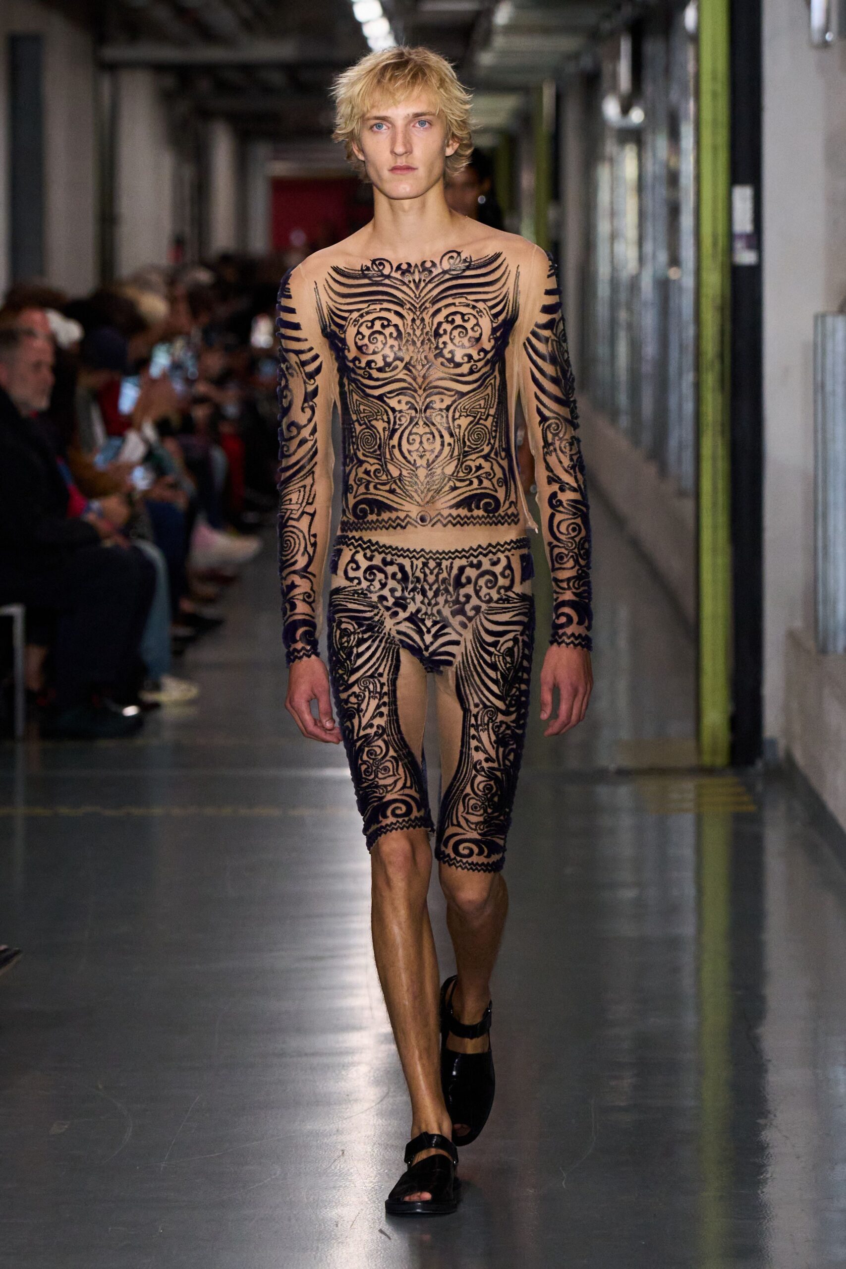 beige mesh long-sleeve high-neck fitted printed catsuit