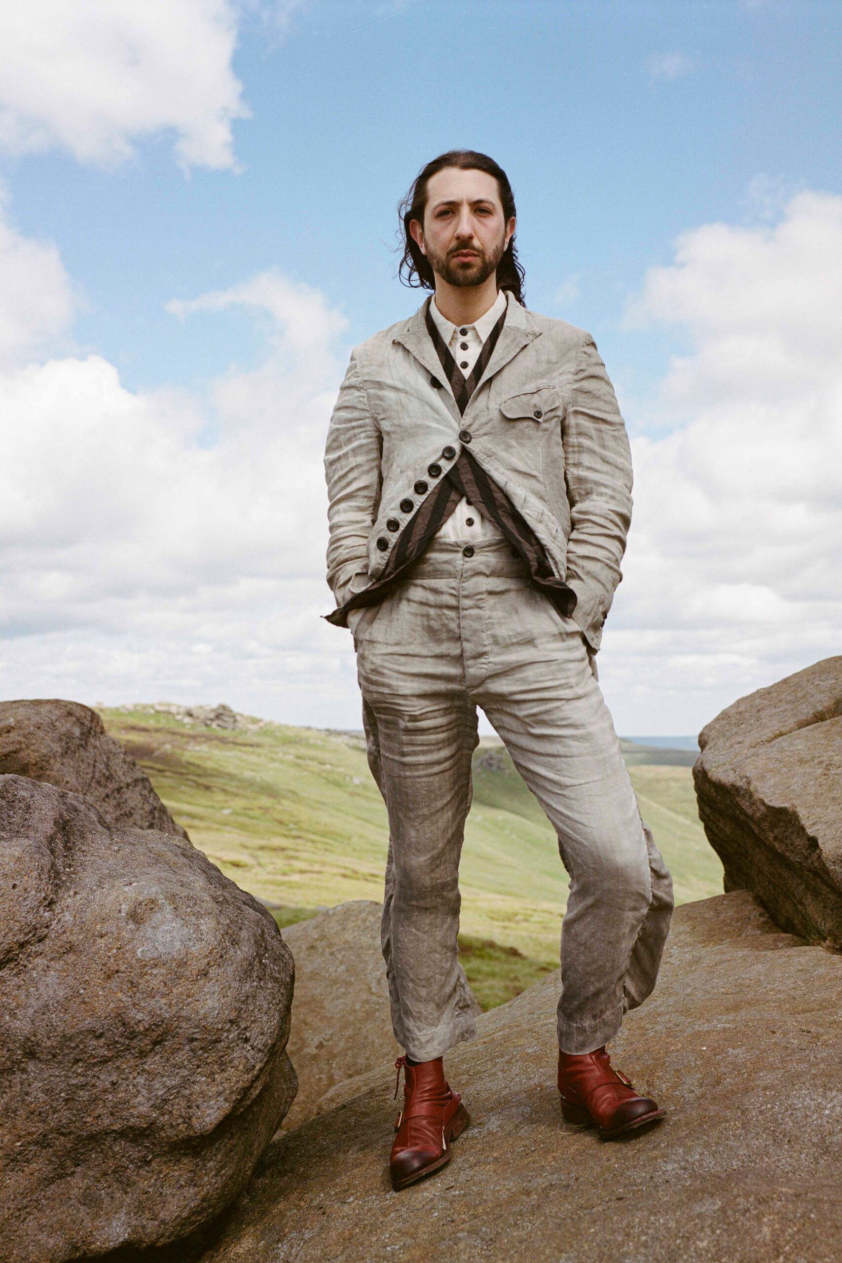 gray linen structured straight-leg pants