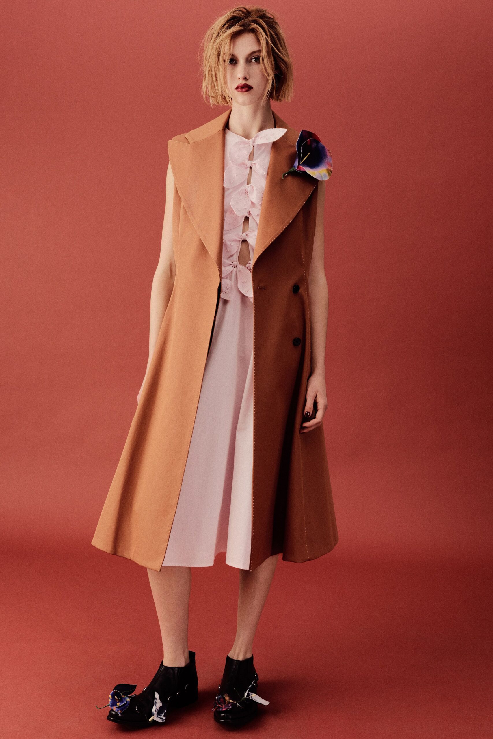 brown wool long-sleeve collared relaxed layered midi coat