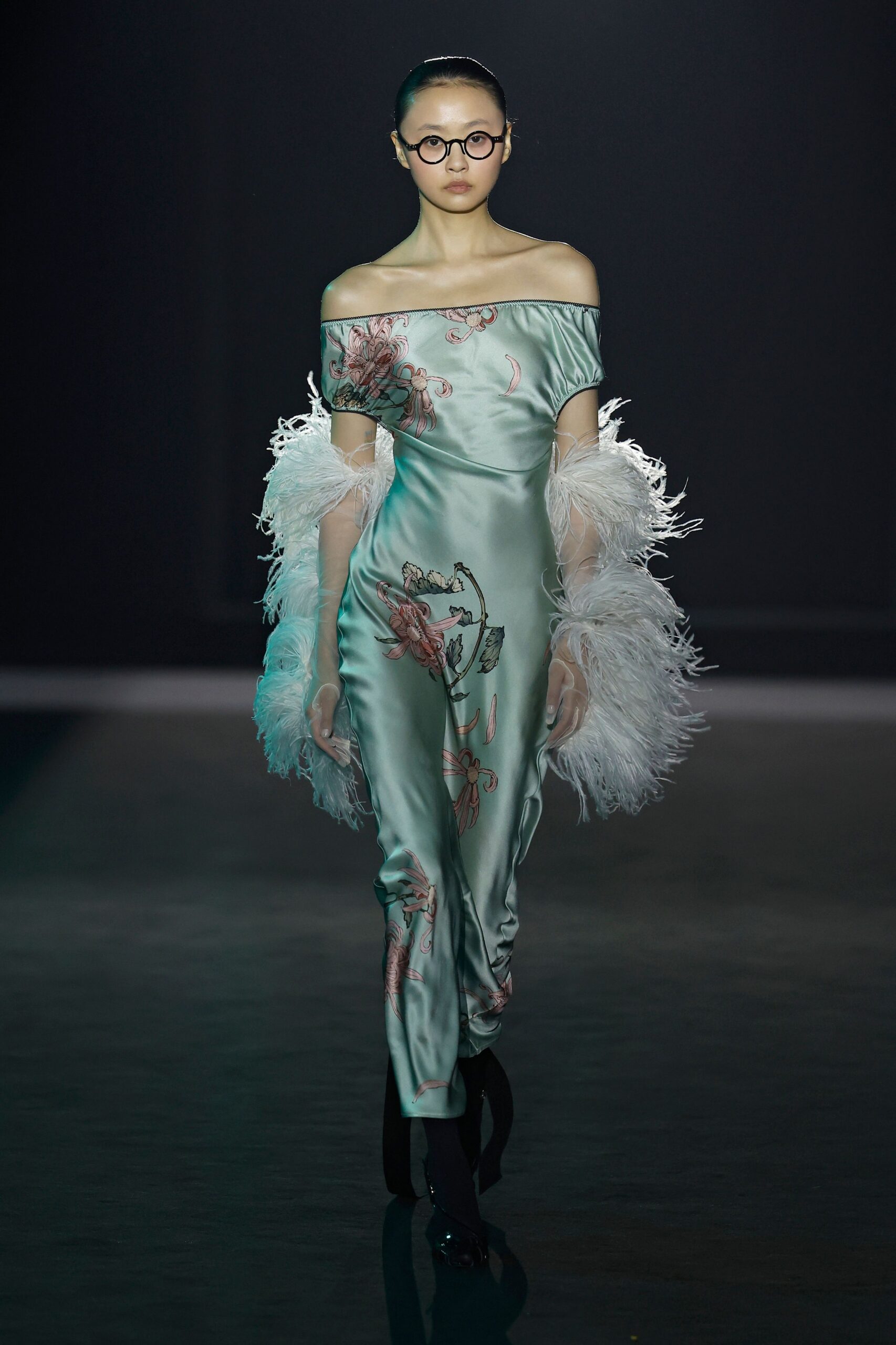 green silk off-shoulder fitted embroidered draped flowing jumpsuit