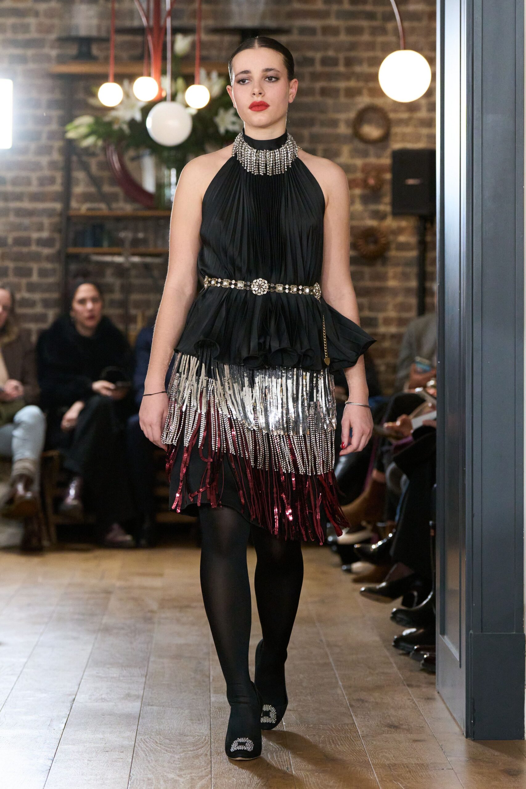 black silk sleeveless high-neck fitted sequined pleated dress