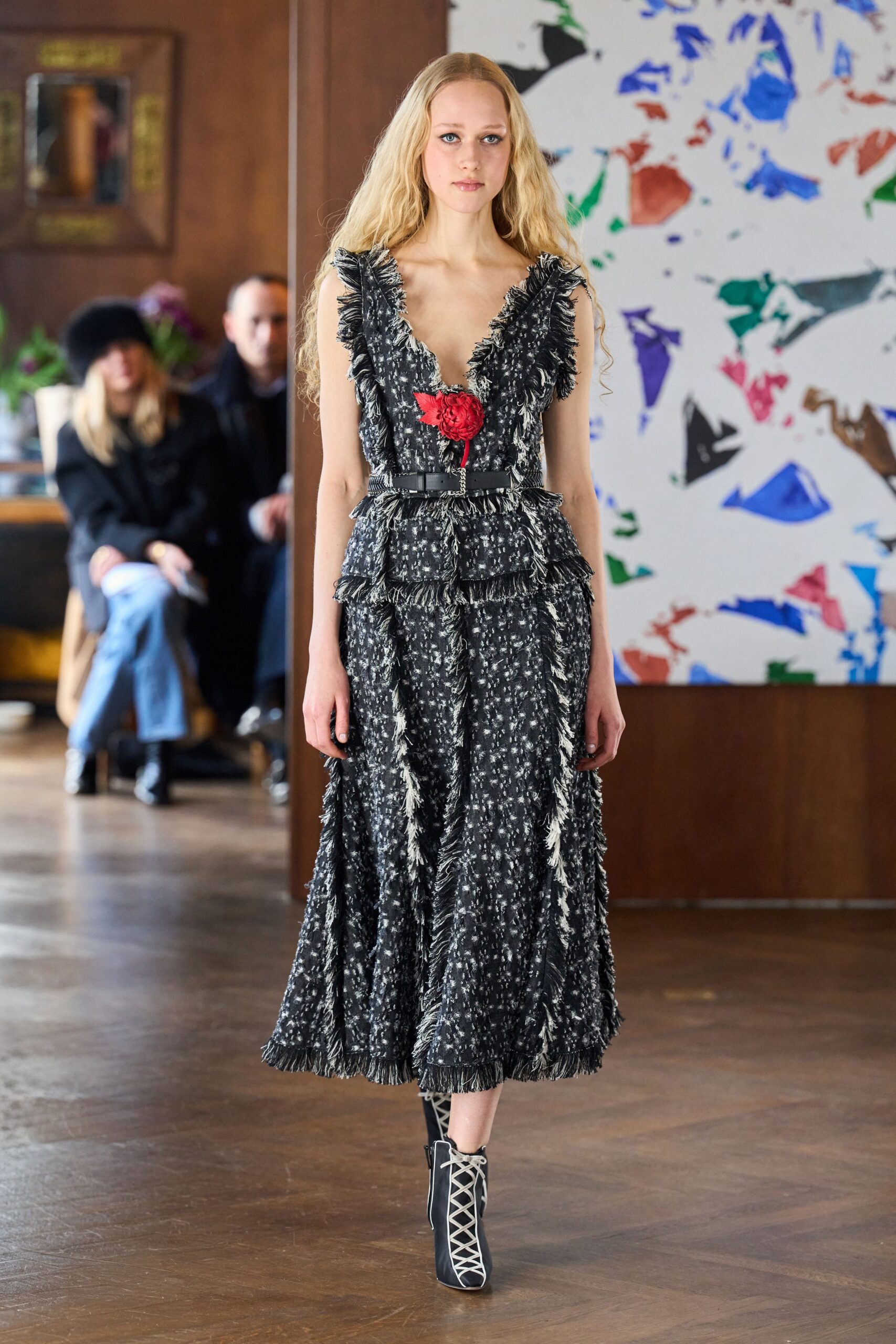 black cotton sleeveless v-neck fitted ruffled tiered dress