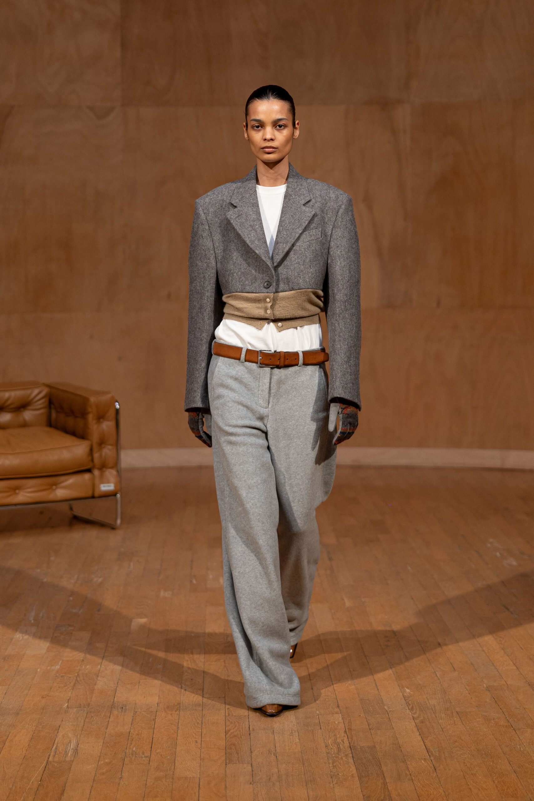 gray wool blazer with white shirt