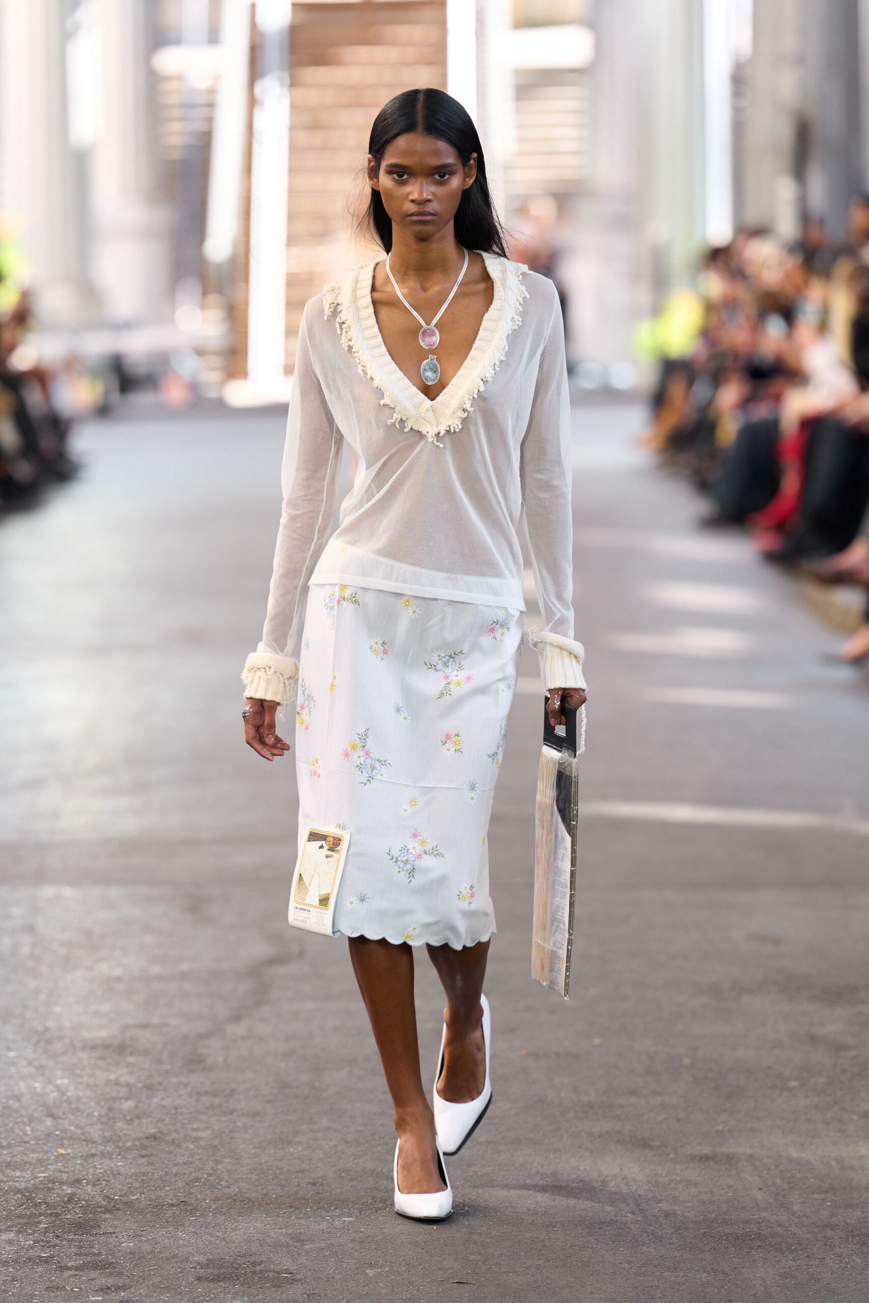 white chiffon long-sleeve v-neck relaxed ruffled sheer blouse